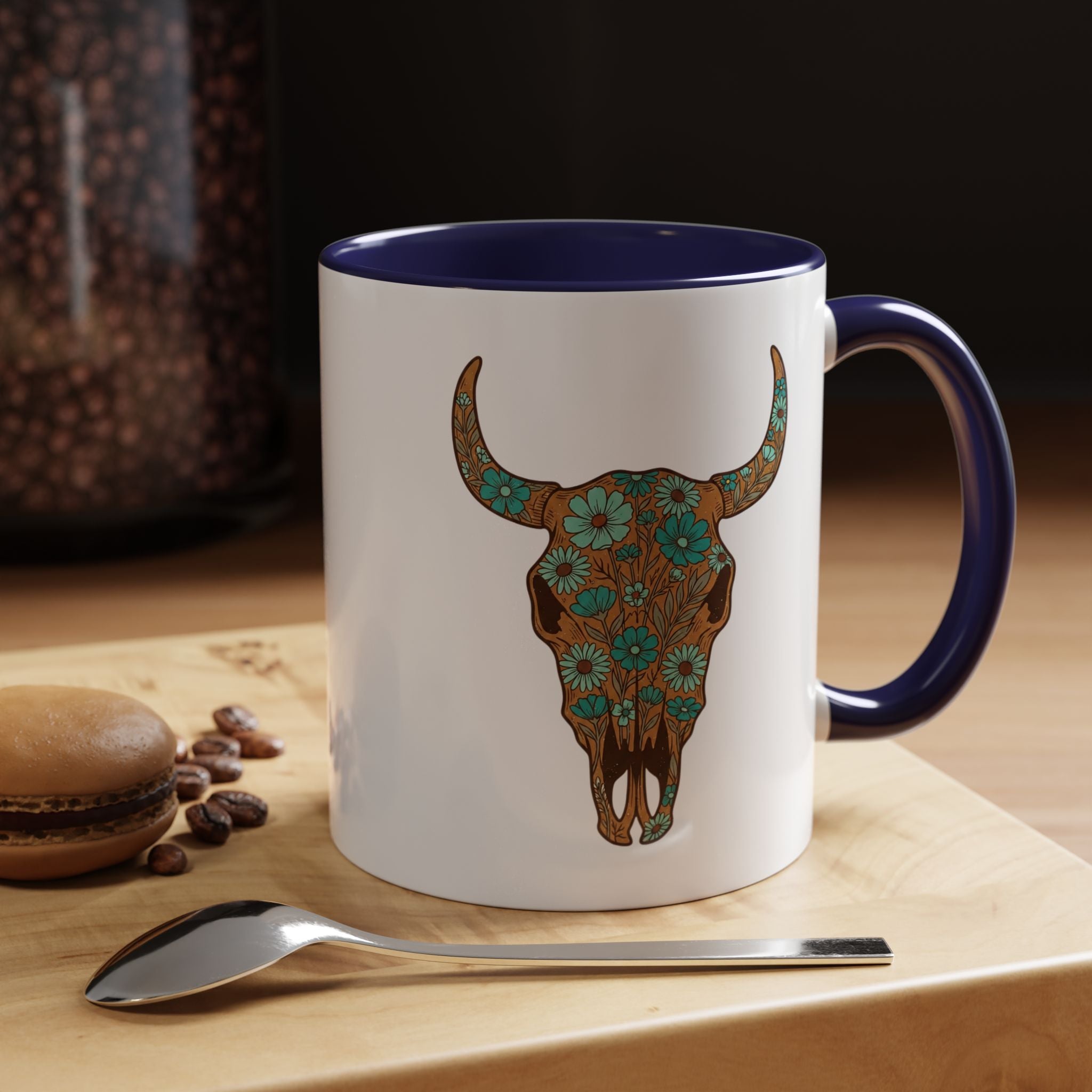 Turquoise Floral Bull Skull Coffee Mug — Southwestern Accent 11/15oz