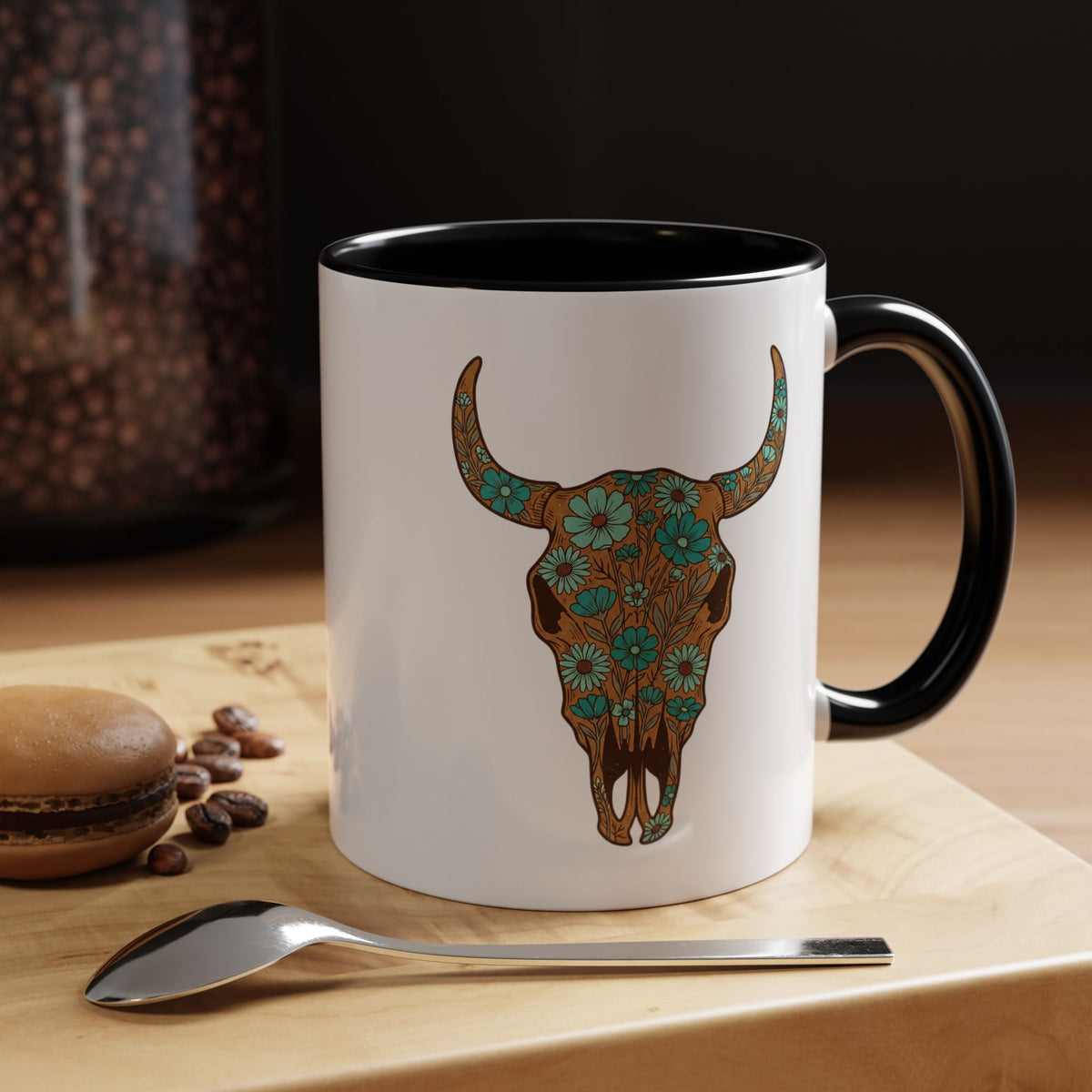 Turquoise Floral Bull Skull Coffee Mug — Southwestern Accent 11/15oz