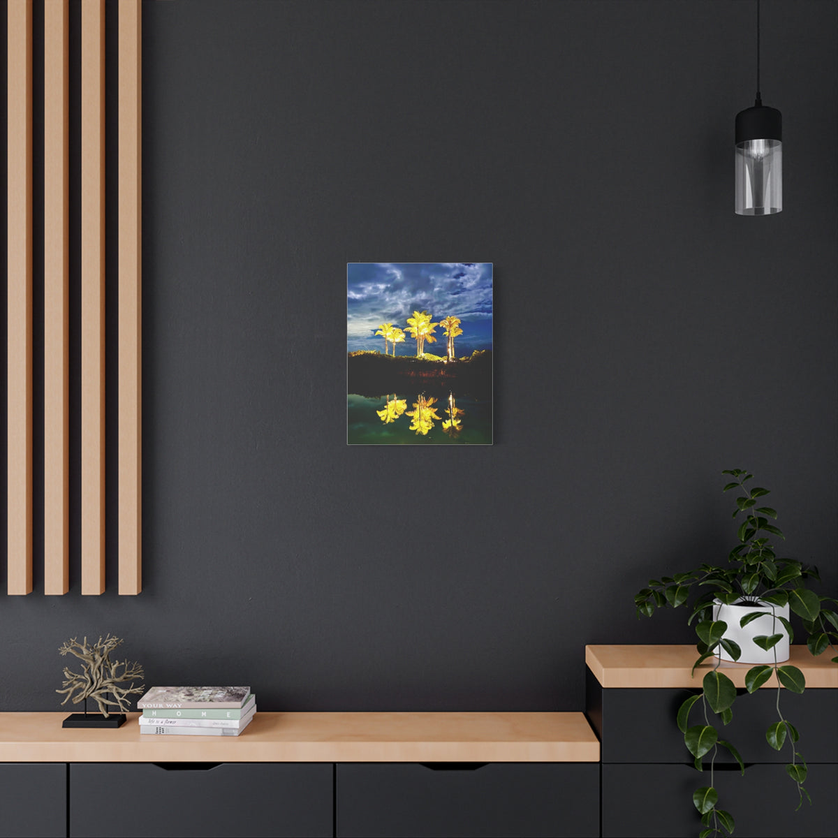 Palm Tree Reflection Matte Canvas Wall Art — Quanta Roo, Tropical Evening