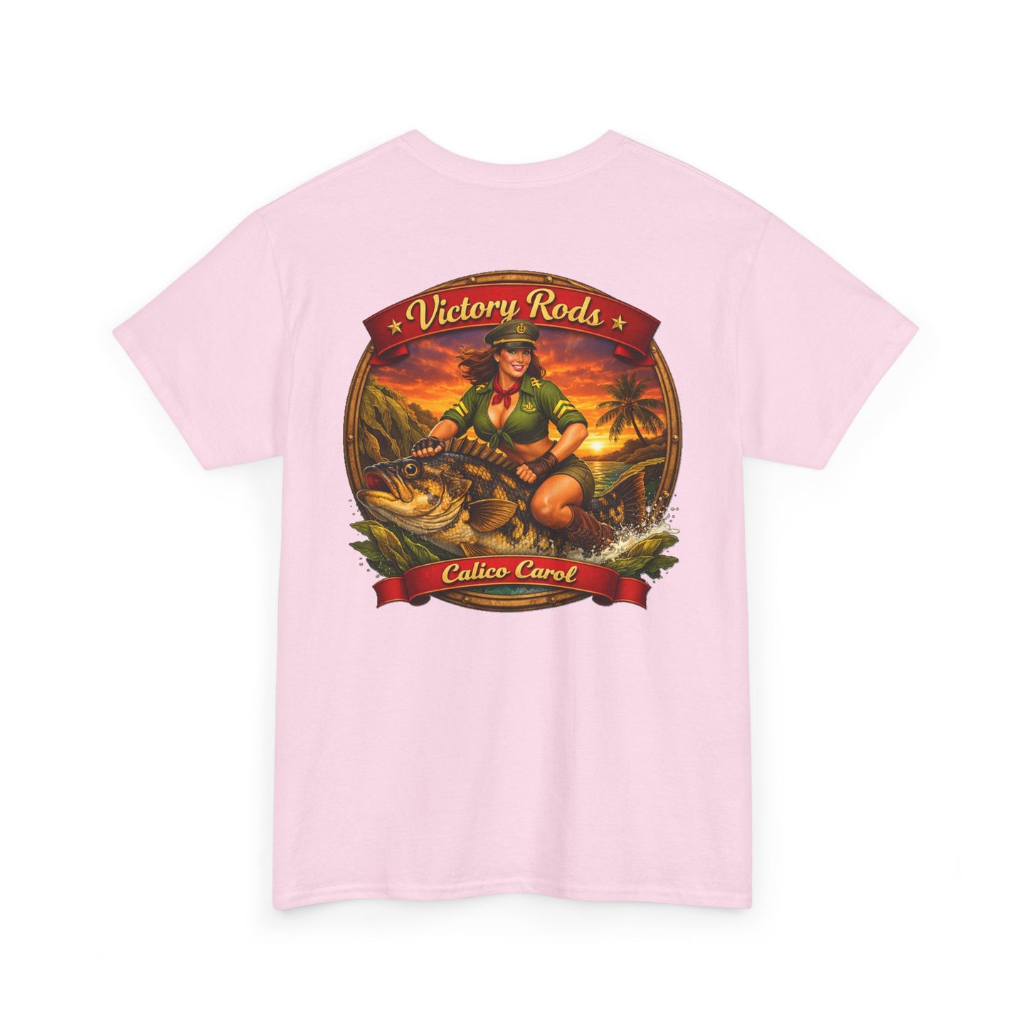 Vintage Pinup Fishing T-Shirt — “Victory Rods” Calico Carol Graphic Tee