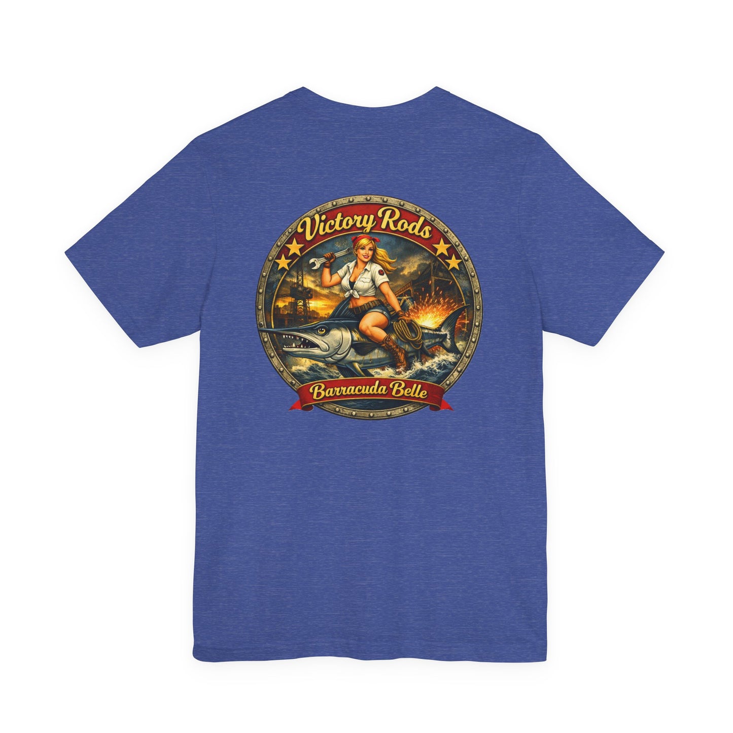 Barracuda Belle Vintage Pinup Tee — Victory Rods Motorcycle T‑Shirt