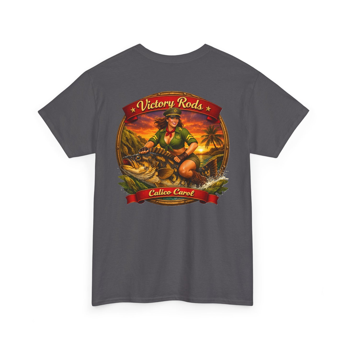 Vintage Pinup Fishing T-Shirt — “Victory Rods” Calico Carol Graphic Tee