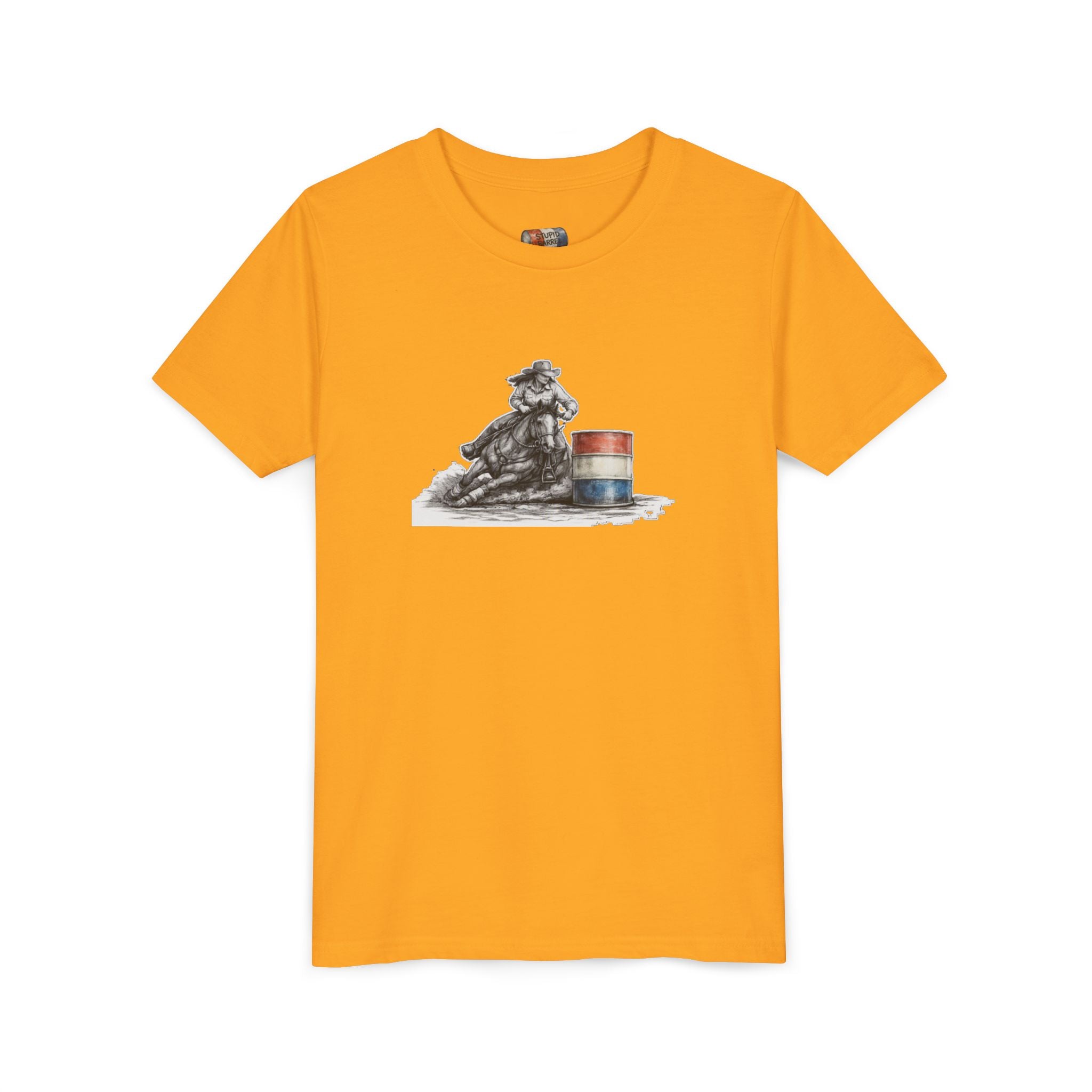 Youth Tee — Rodeo Cowgirl with Patriotic Barrel Graphic