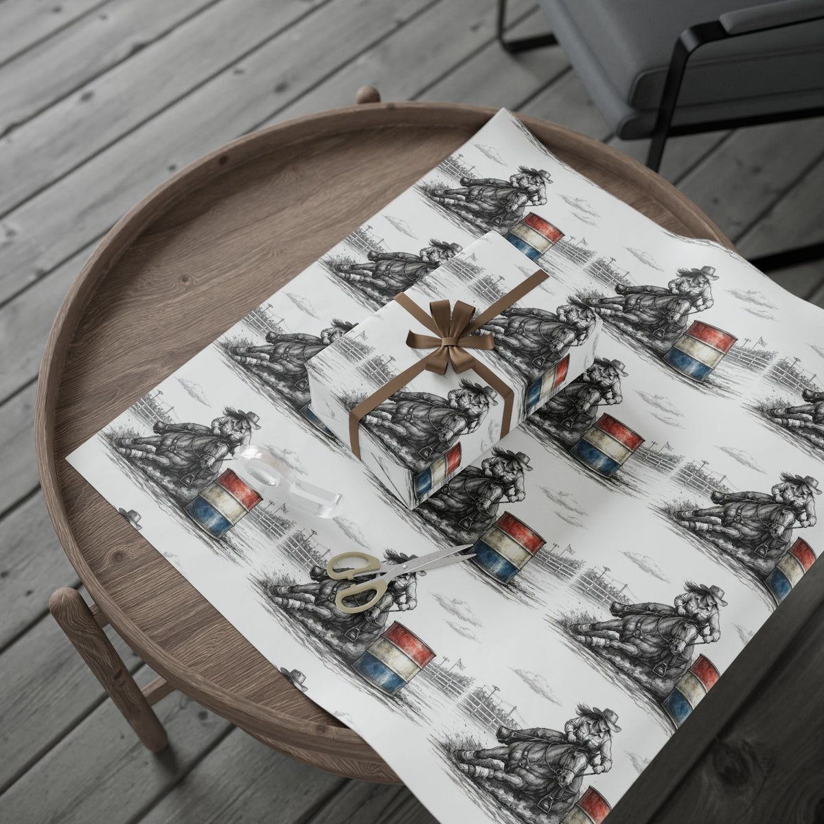 Barrel Racing Wrapping Paper Roll — Black Sketch Rodeo Gift Wrap