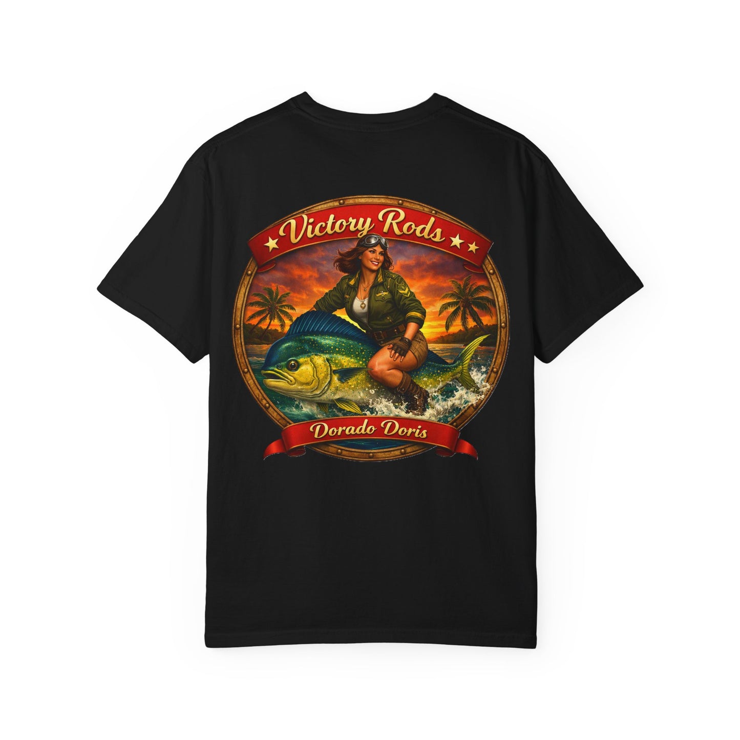 Victory Rods "Dorado Doris" Fishing T-Shirt — Retro Pinup Angler Tee