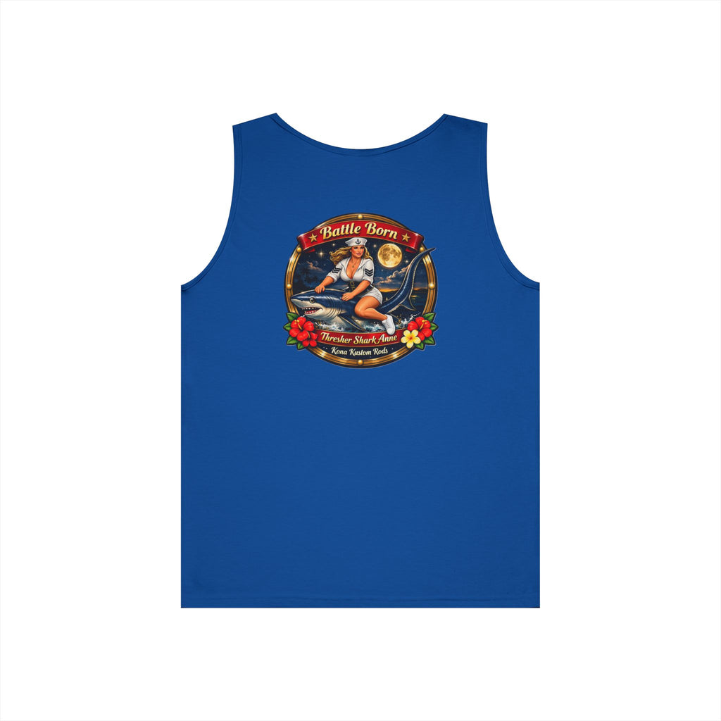 Kona Rods Vintage Pinup Beach Tank Top — 'Thresher Shark Anne' Retro WWII Nose Art