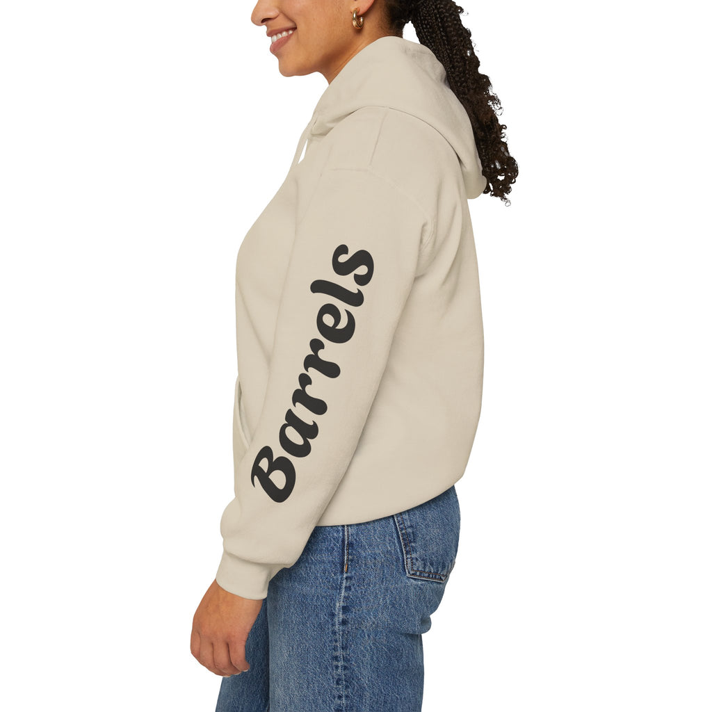Cowgirl Barrel Racing Hoodie — Western Rodeo Pullover with 'barrels' Sleeve Text