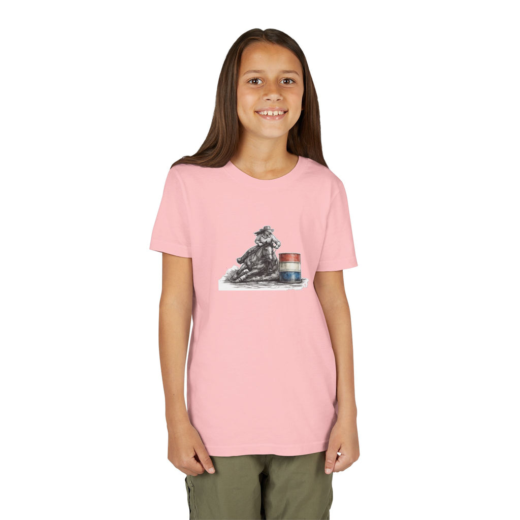 Youth Tee — Rodeo Cowgirl with Patriotic Barrel Graphic
