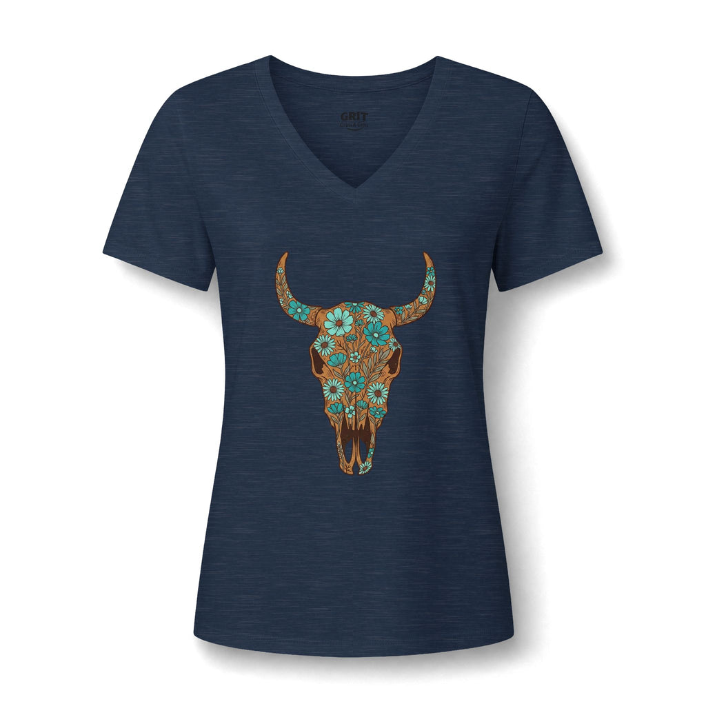 Women's V-Neck Tee — Floral Turquoise Bull Skull Graphic