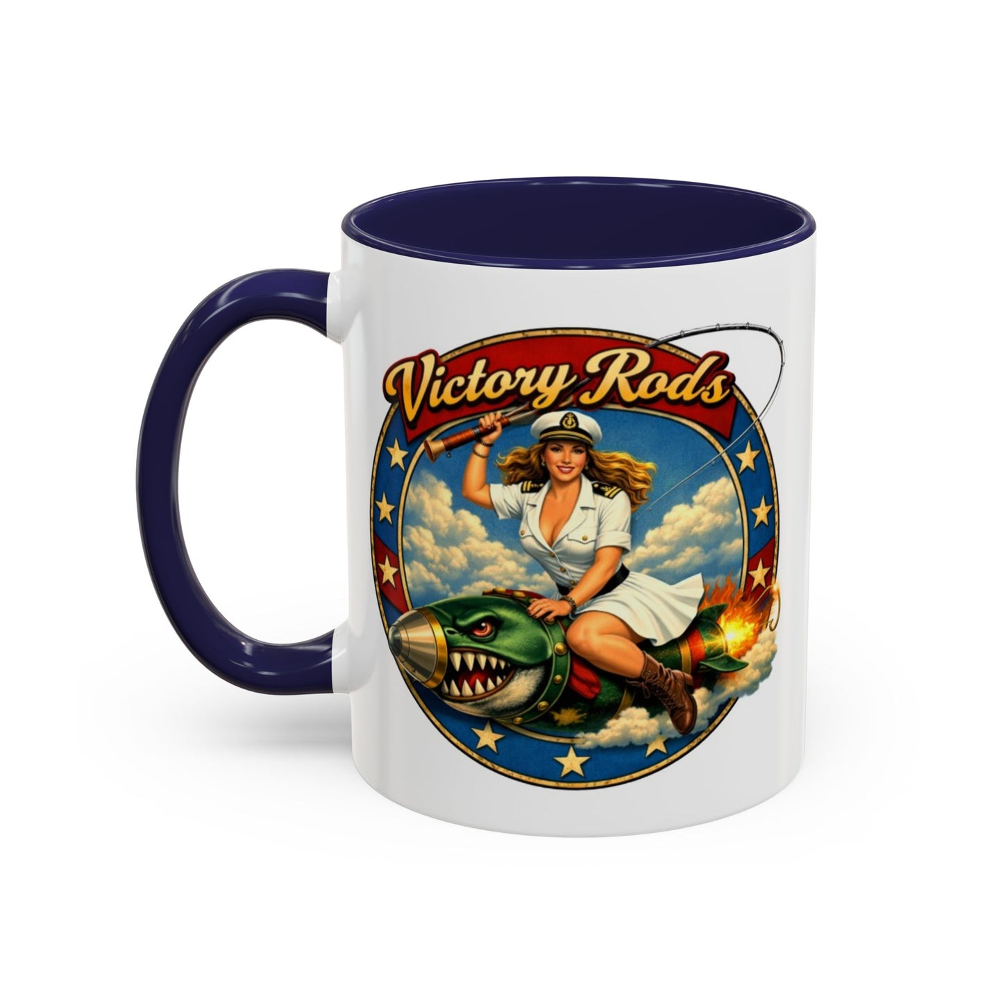 Victory Rods Sportfisherman's WWII Nose Art Pin-Up Illustration Mug | Ceramic Coffee Cup