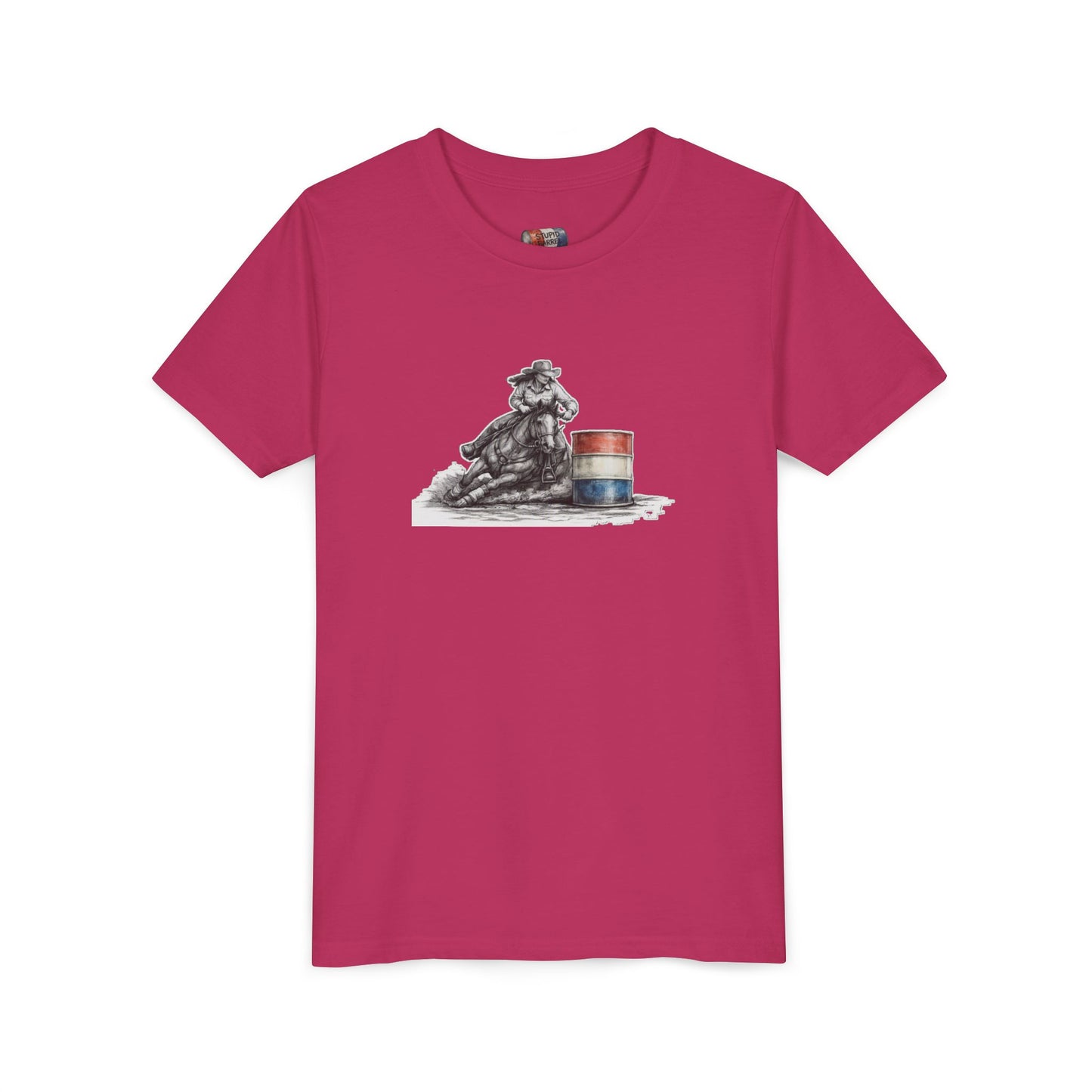 Youth Tee — Rodeo Cowgirl with Patriotic Barrel Graphic