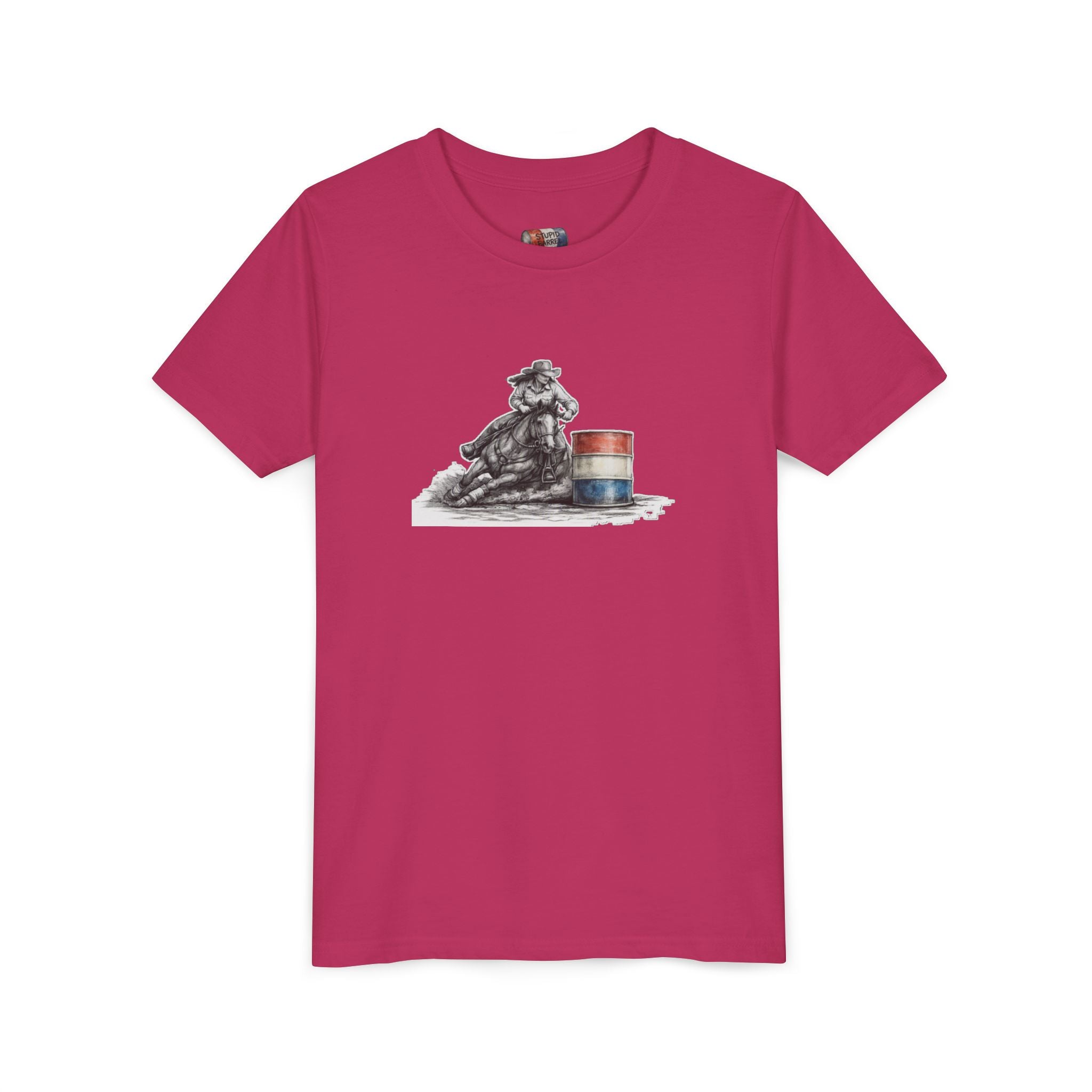 Youth Tee — Rodeo Cowgirl with Patriotic Barrel Graphic
