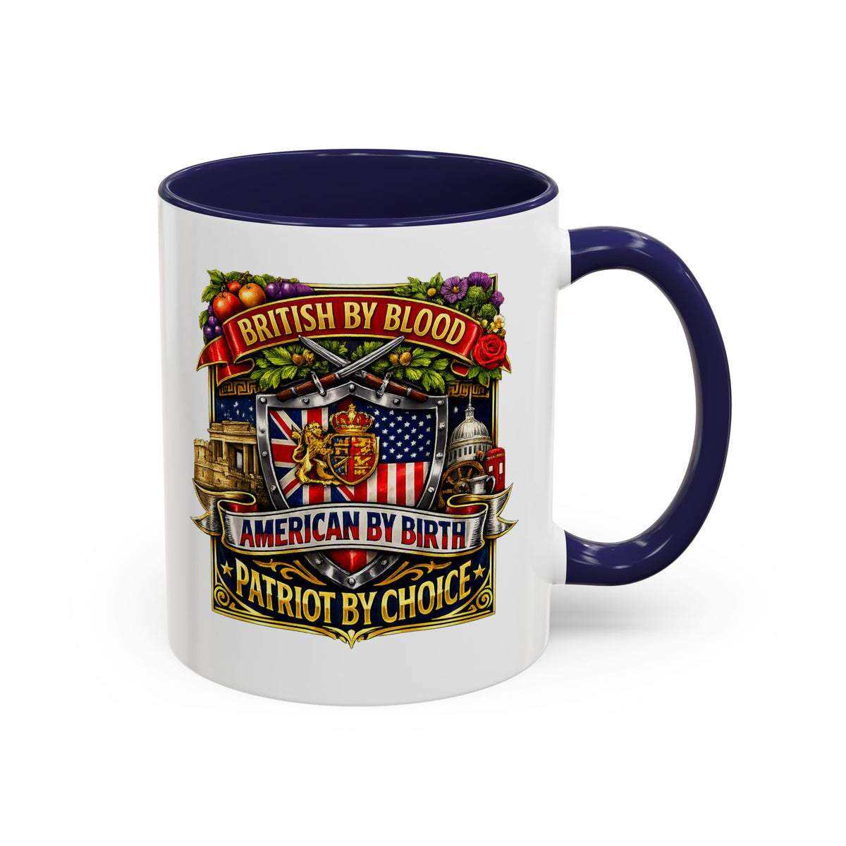 British Pride Coffee Mug — "British by Blood, American by Birth, Patriot by Choice" Patriotic Ceramic Mug
