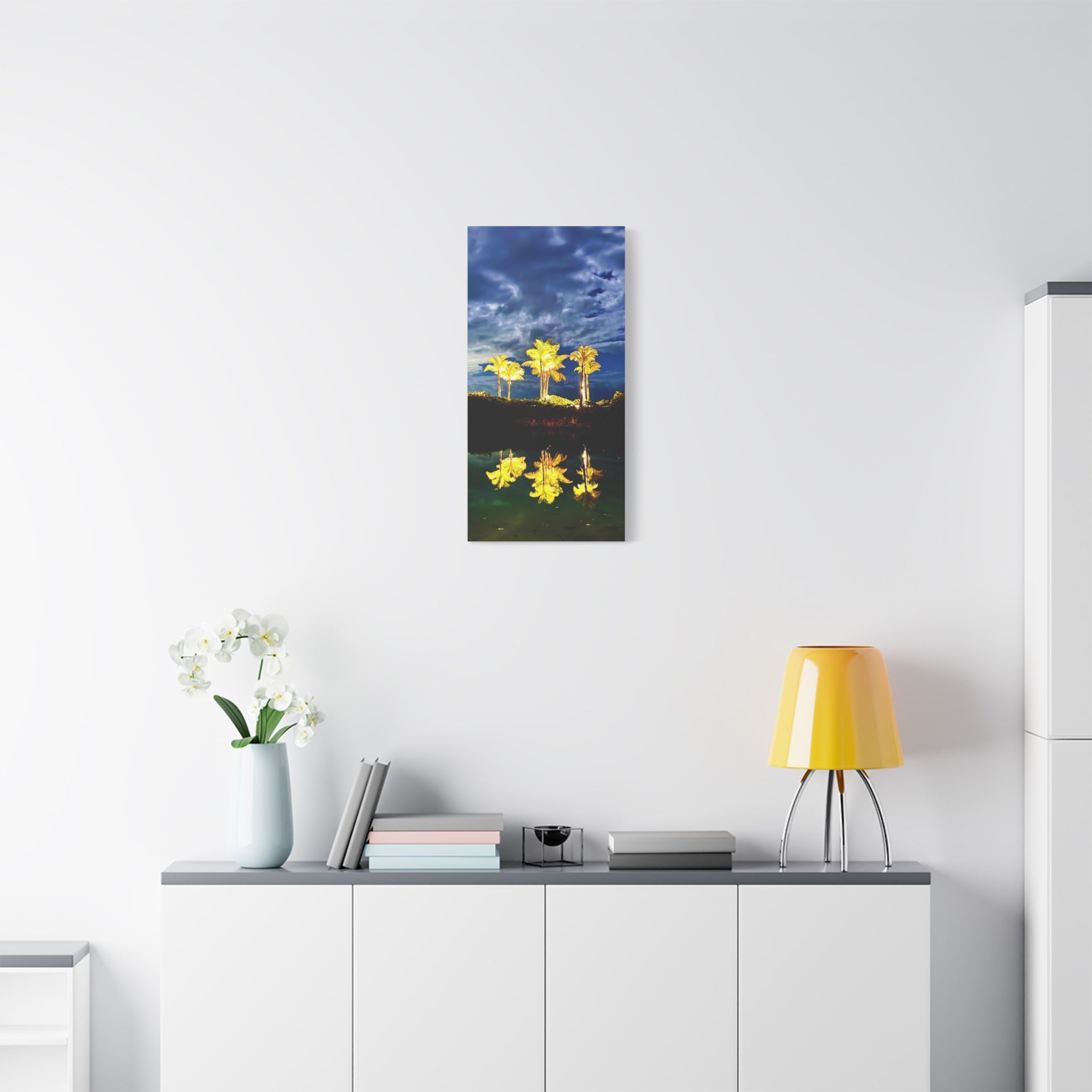 Palm Tree Reflection Matte Canvas Wall Art — Quanta Roo, Tropical Evening