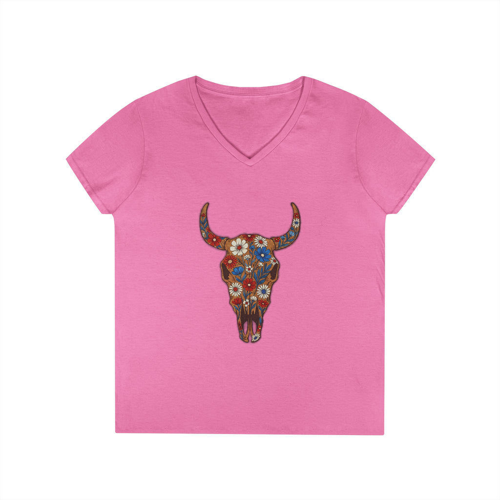 Floral Bull Skull V-Neck Tee