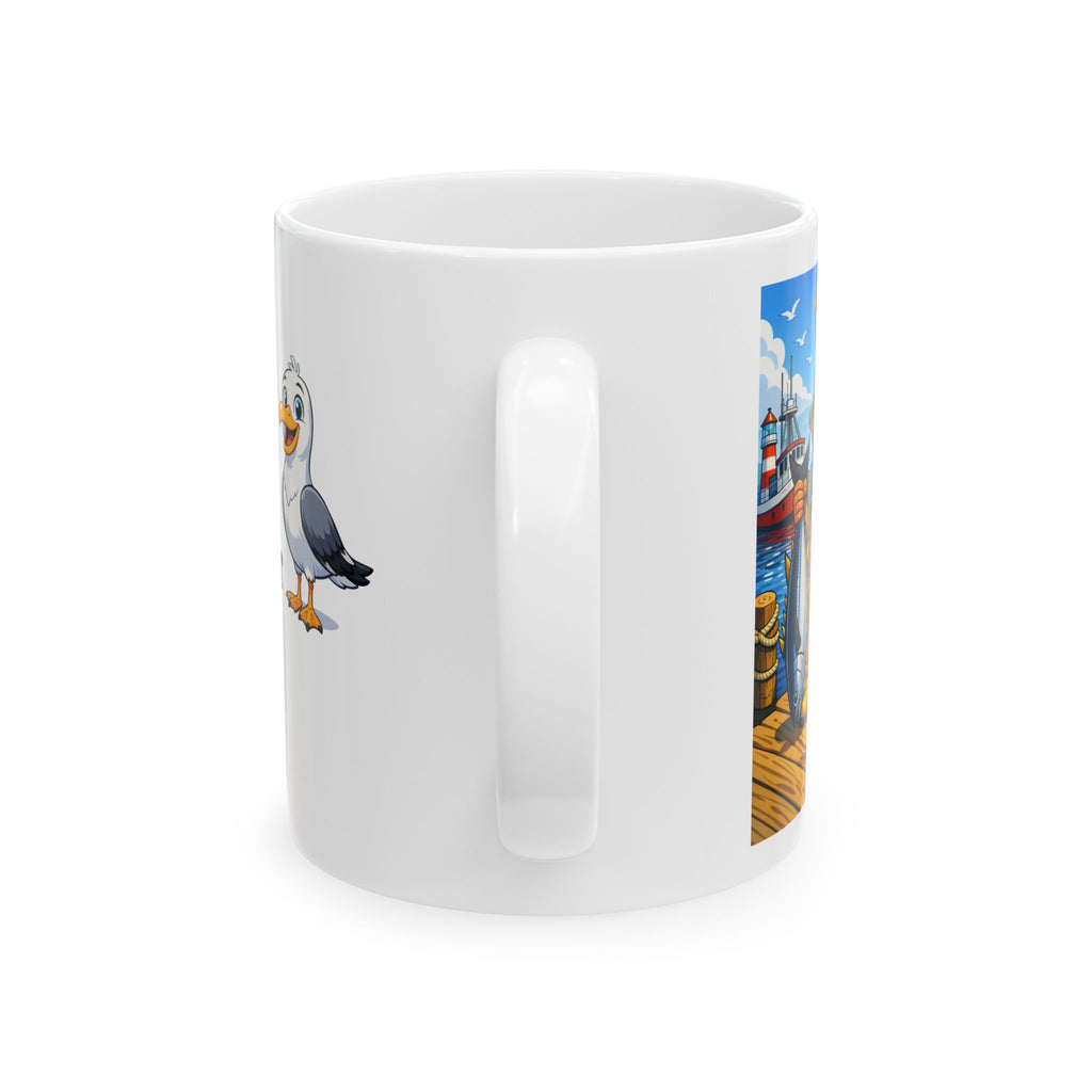 Seaside Harbor Ceramic Mug – "A Day in the Life of the Waterfront" with Cute Seagull Art (11oz/15oz)
