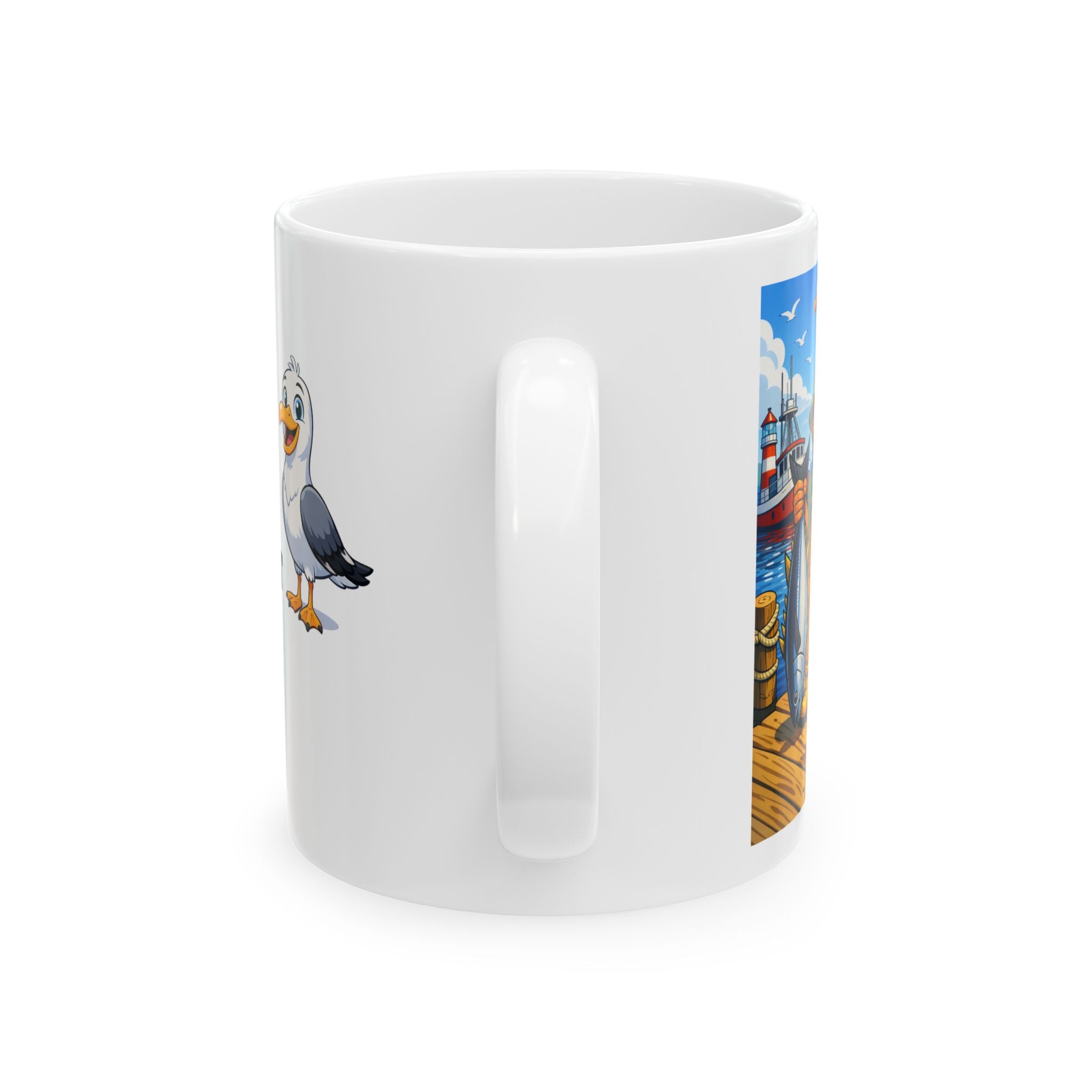 Seaside Harbor Ceramic Mug – "A Day in the Life of the Waterfront" with Cute Seagull Art (11oz/15oz)