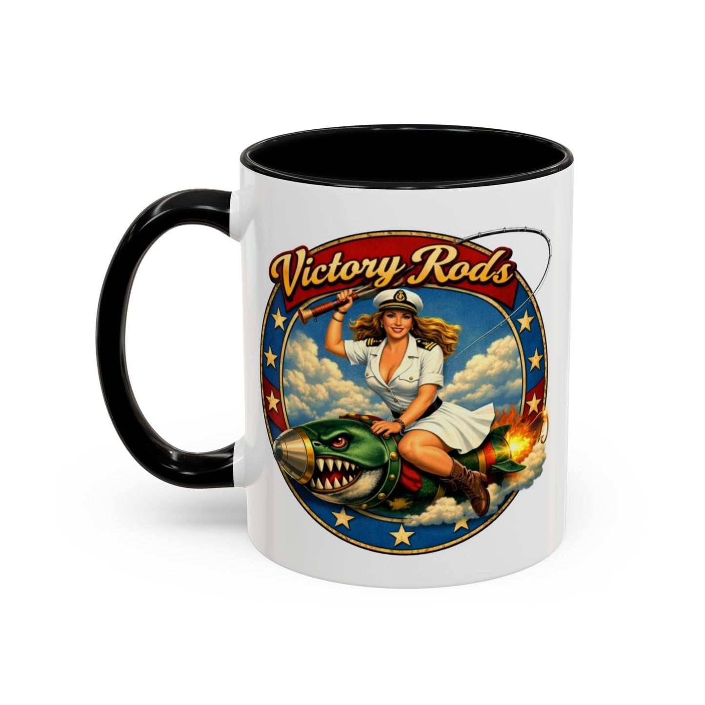 Victory Rods Sportfisherman's WWII Nose Art Pin-Up Illustration Mug | Ceramic Coffee Cup