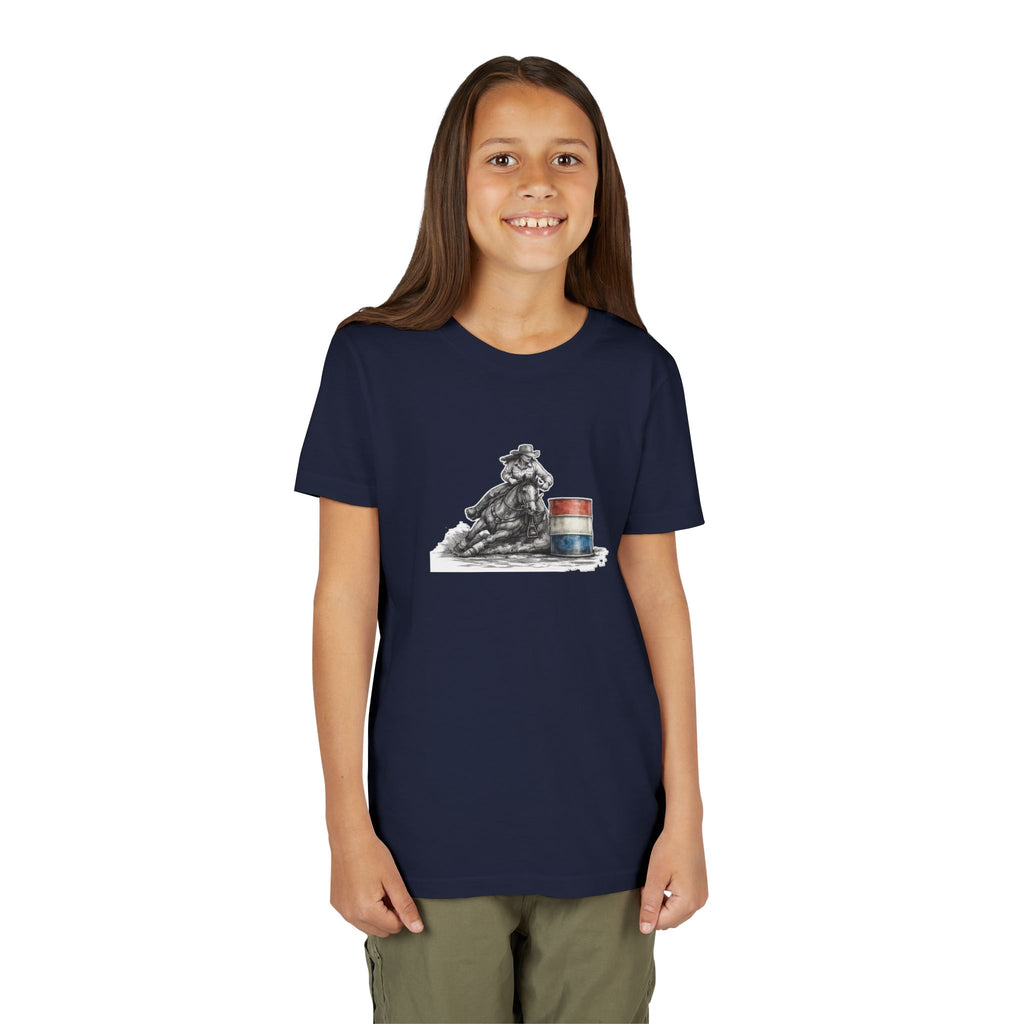 Youth Tee — Rodeo Cowgirl with Patriotic Barrel Graphic