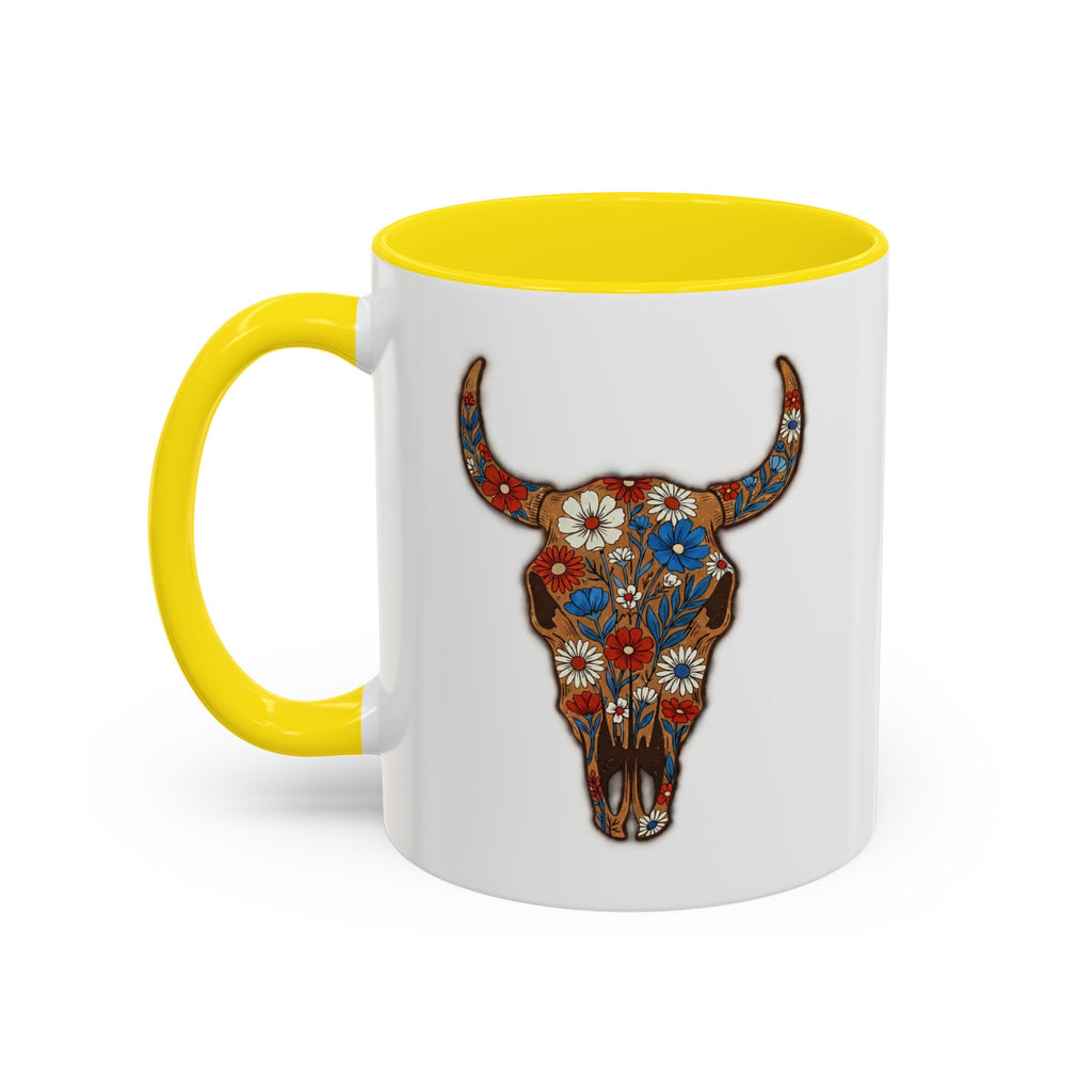 Red, White and Blue Floral Bull Skull Coffee Mug — Southwestern Accent 11/15oz