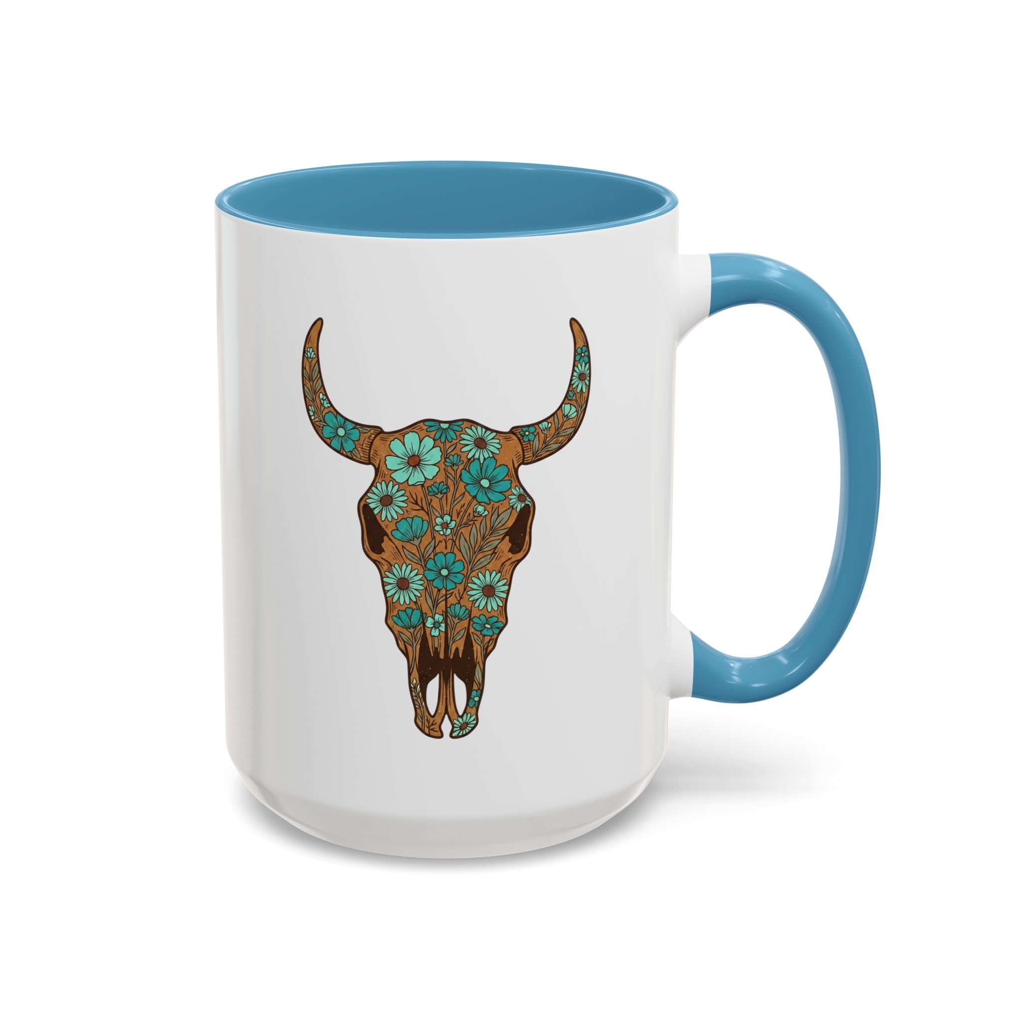 Turquoise Floral Bull Skull Coffee Mug — Southwestern Accent 11/15oz