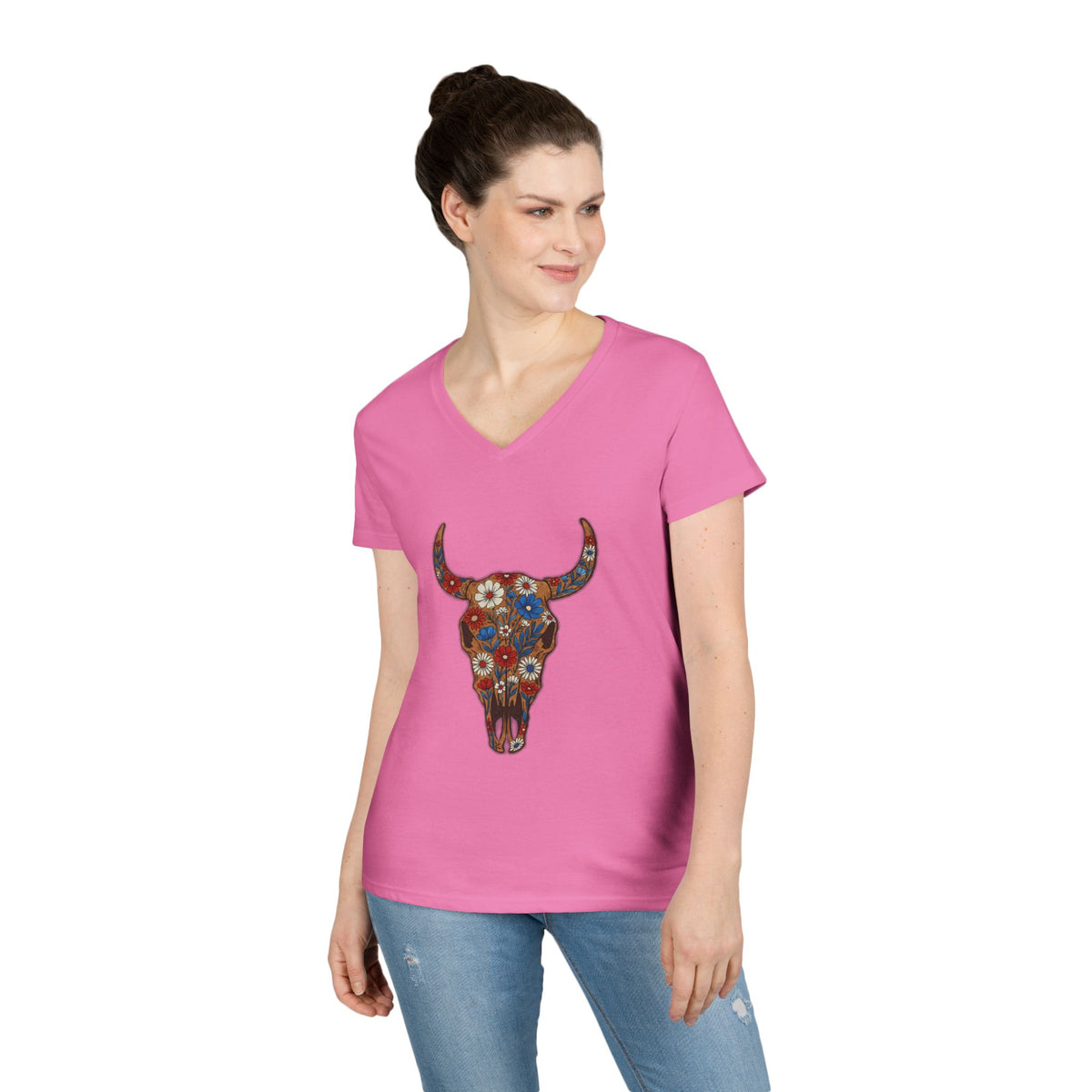 Floral Bull Skull V-Neck Tee