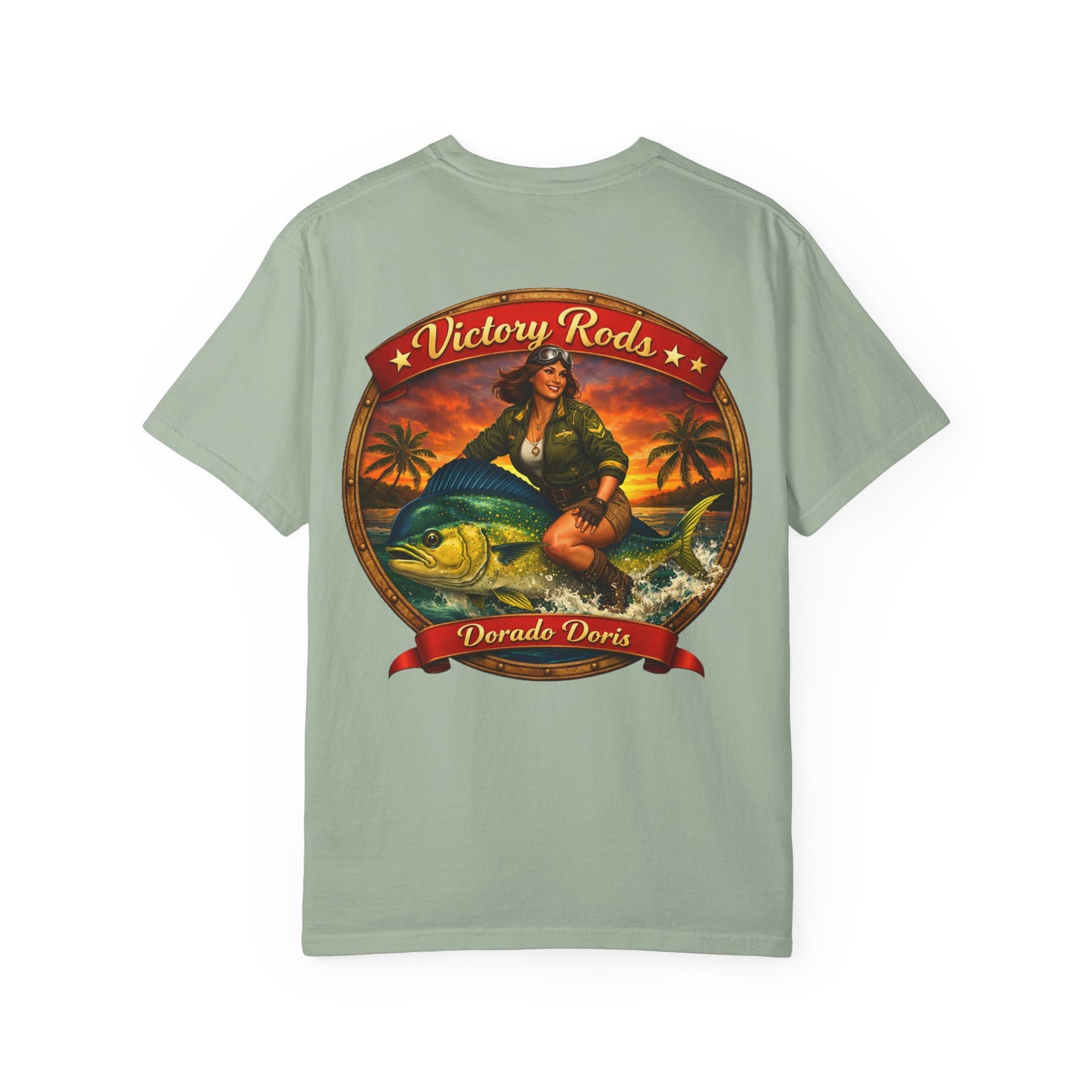 Victory Rods "Dorado Doris" Fishing T-Shirt — Retro Pinup Angler Tee