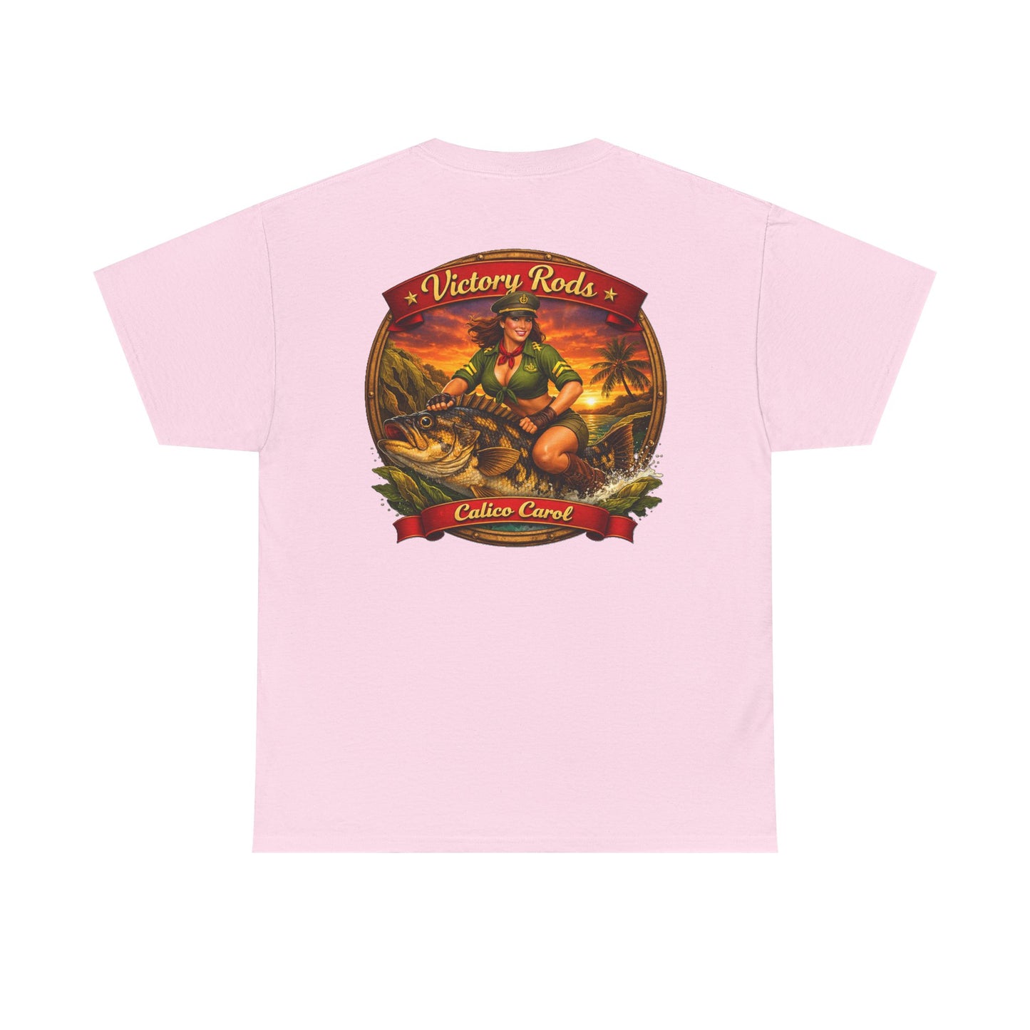 Vintage Pinup Fishing T-Shirt — “Victory Rods” Calico Carol Graphic Tee