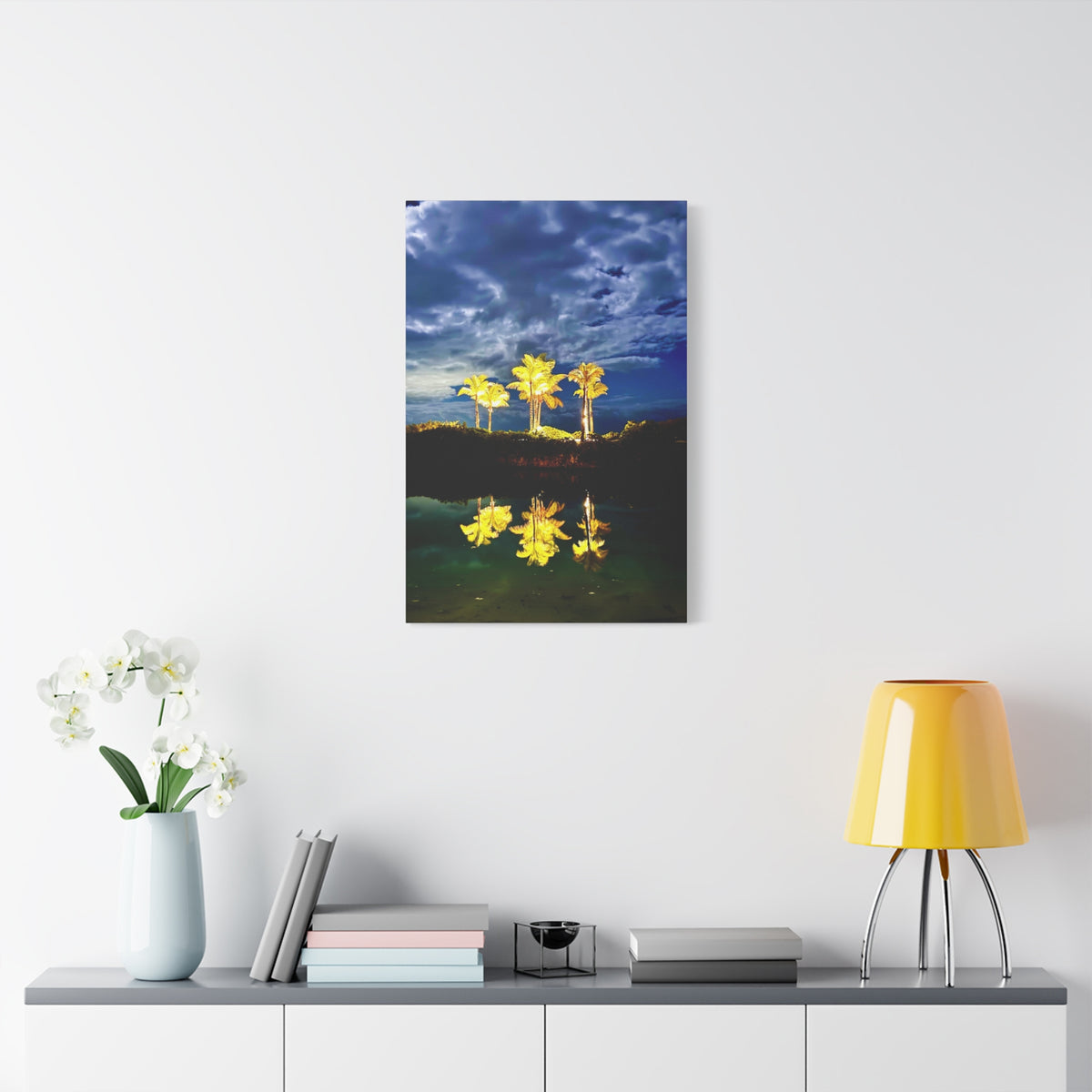 Palm Tree Reflection Matte Canvas Wall Art — Quanta Roo, Tropical Evening