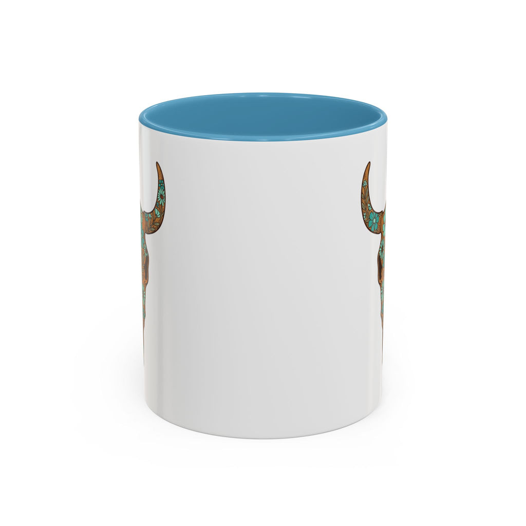 Turquoise Floral Bull Skull Coffee Mug — Southwestern Accent 11/15oz