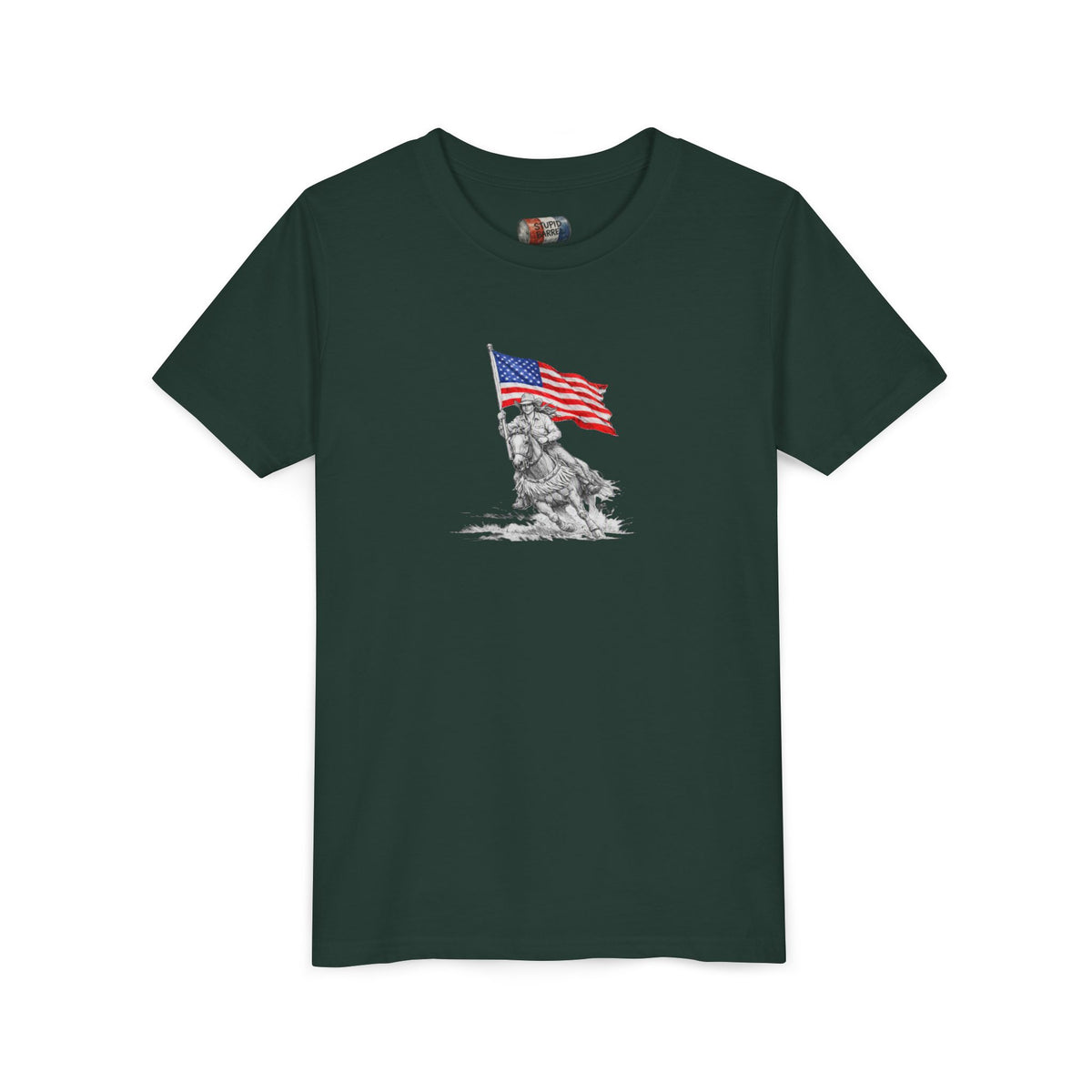 Youth Tee — Rodeo Barrel Racer with Patriotic Barrel Graphic