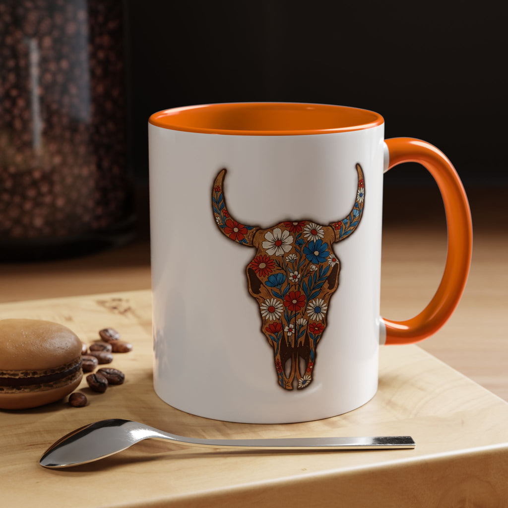Red, White and Blue Floral Bull Skull Coffee Mug — Southwestern Accent 11/15oz