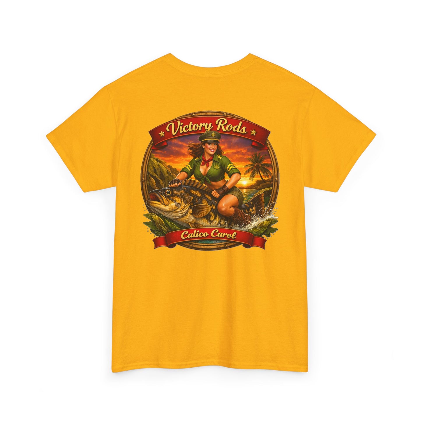 Vintage Pinup Fishing T-Shirt — “Victory Rods” Calico Carol Graphic Tee