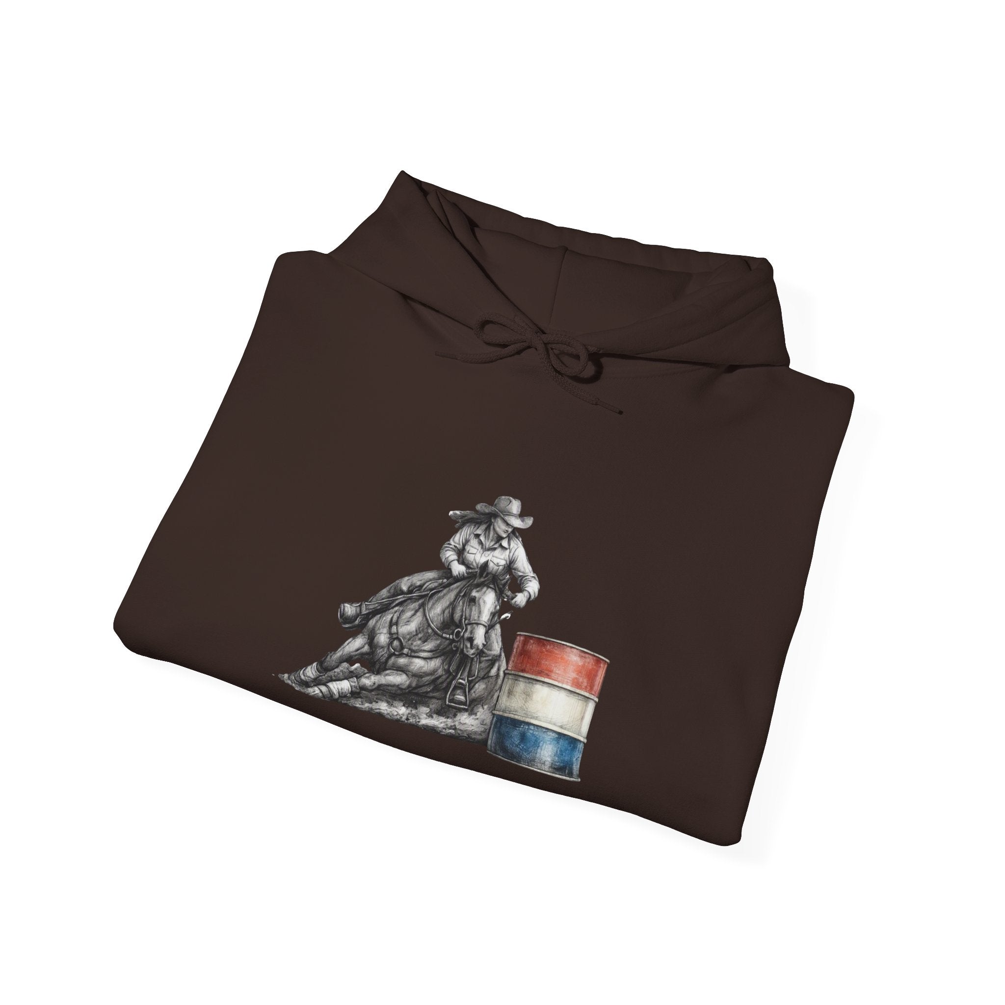 Cowgirl Barrel Racing Hoodie — Western Rodeo Pullover with 'barrels' Sleeve Text