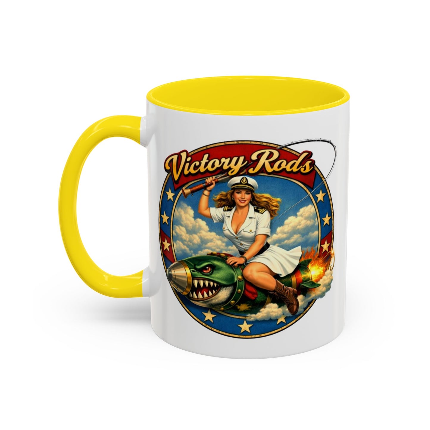 Victory Rods Sportfisherman's WWII Nose Art Pin-Up Illustration Mug | Ceramic Coffee Cup