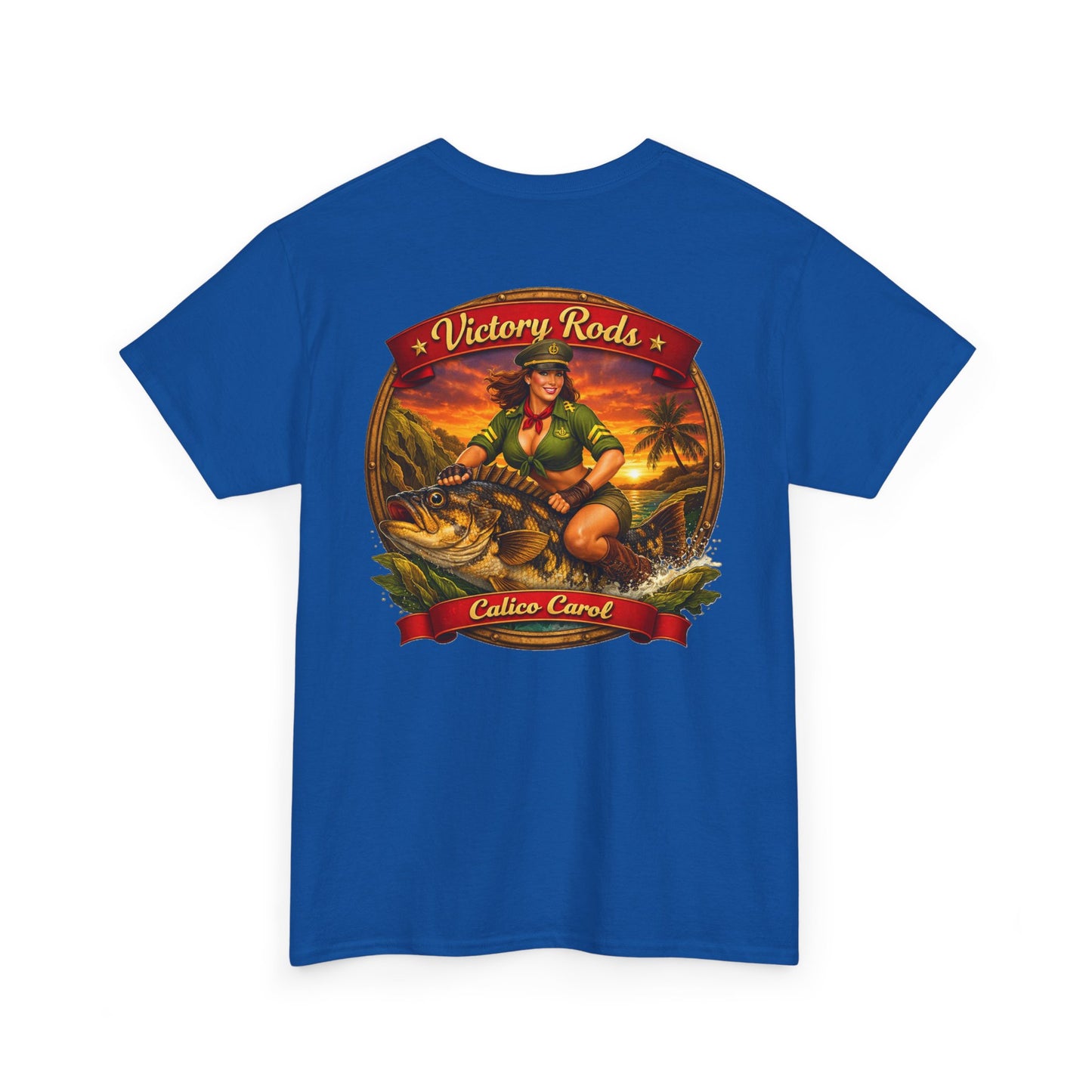 Vintage Pinup Fishing T-Shirt — “Victory Rods” Calico Carol Graphic Tee