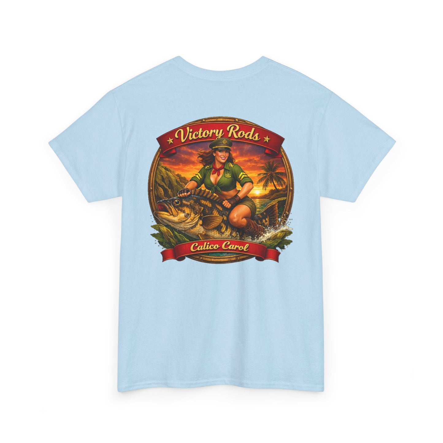 Vintage Pinup Fishing T-Shirt — “Victory Rods” Calico Carol Graphic Tee