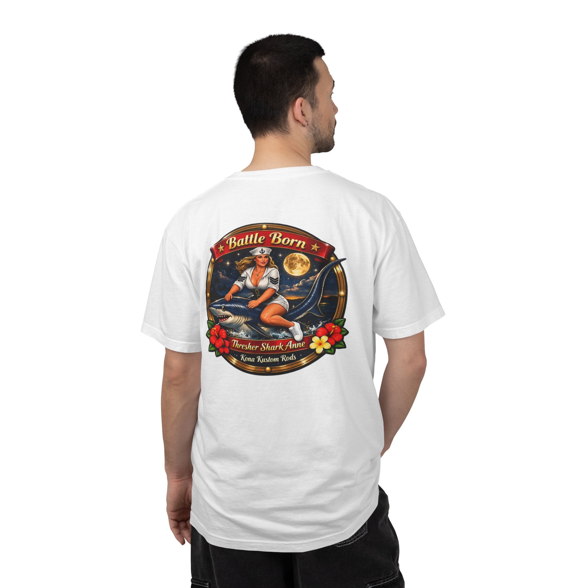 Thresher Shark T-Shirt — Kona Rods "Battle Born" Vintage Pinup Graphic