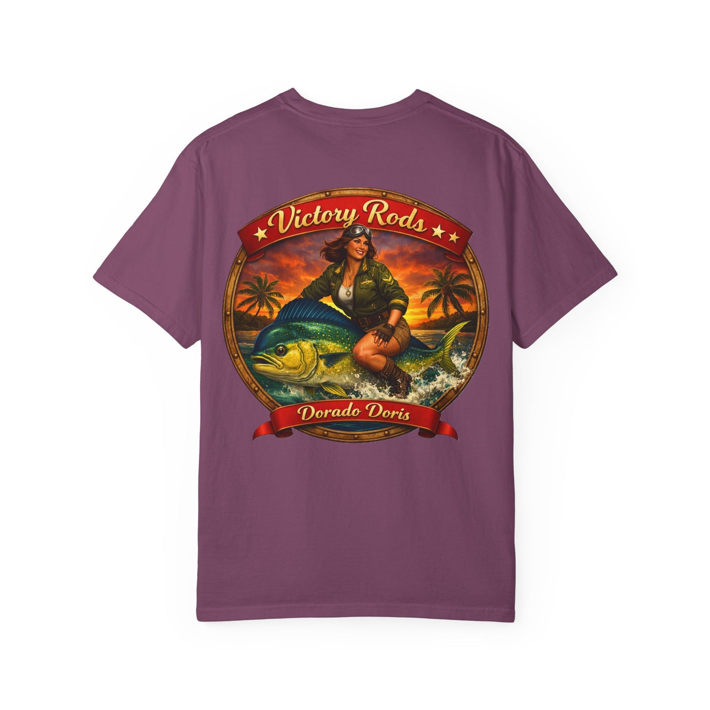 Victory Rods "Dorado Doris" Fishing T-Shirt — Retro Pinup Angler Tee