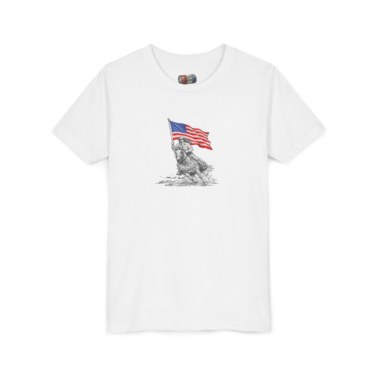 Youth Tee — Rodeo Barrel Racer with Patriotic Barrel Graphic