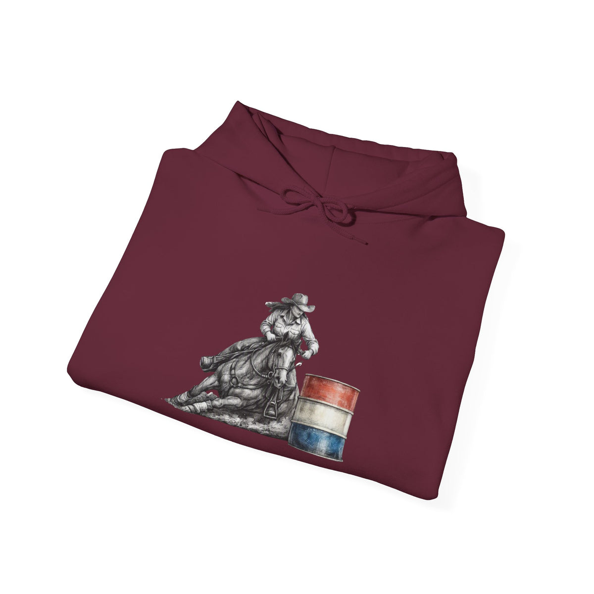Cowgirl Barrel Racing Hoodie — Western Rodeo Pullover with 'barrels' Sleeve Text