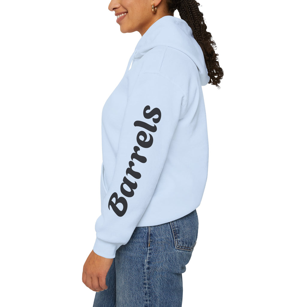 Cowgirl Barrel Racing Hoodie — Western Rodeo Pullover with 'barrels' Sleeve Text