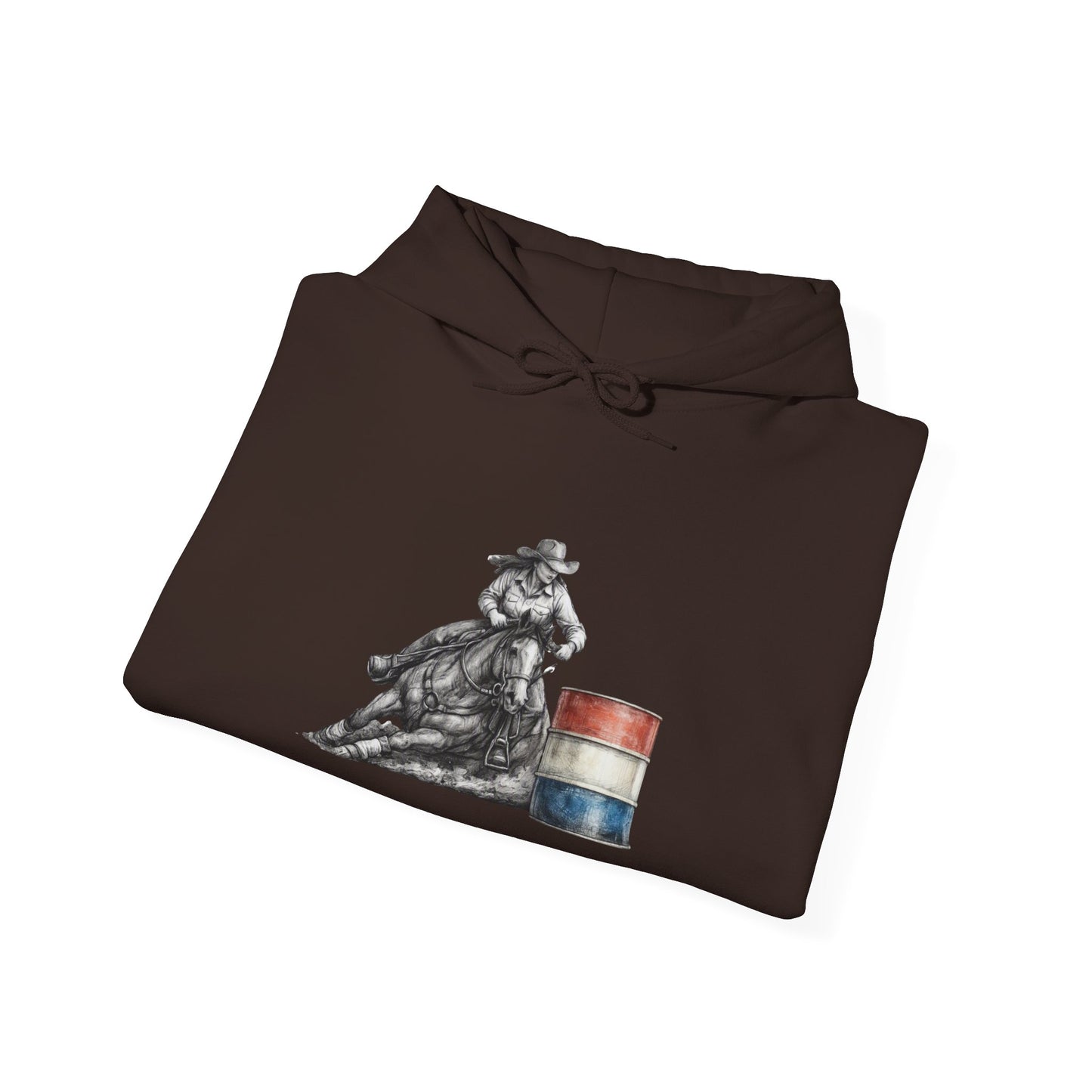 Cowboy Barrel Racing Hoodie — Western Rodeo Pullover with 'barrels' Sleeve Text