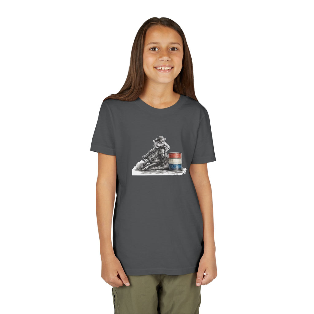 Youth Tee — Rodeo Cowgirl with Patriotic Barrel Graphic