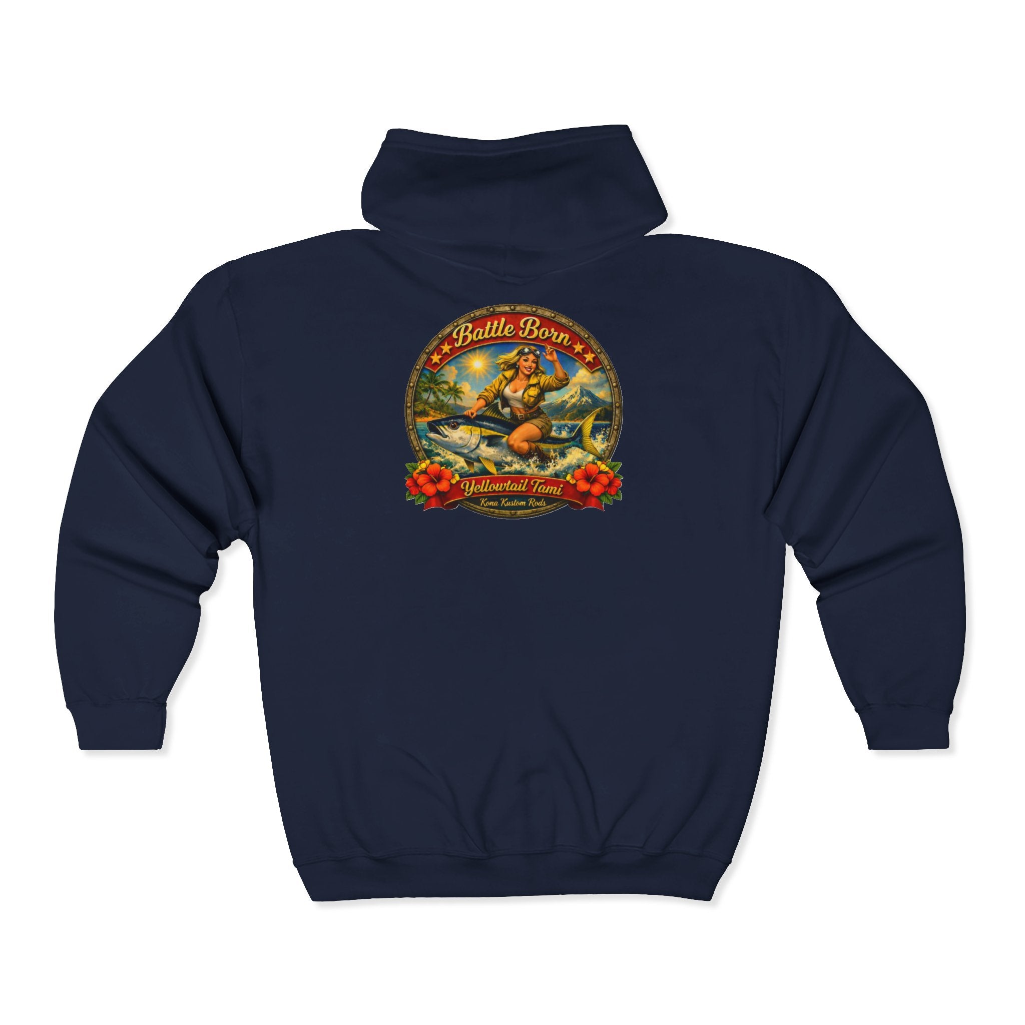 Kona Kustom Rods - Full-Zip Hoodie – Retro 'Battle Born' Vintage Pinup Graphic Zip-Up Sweatshirt
