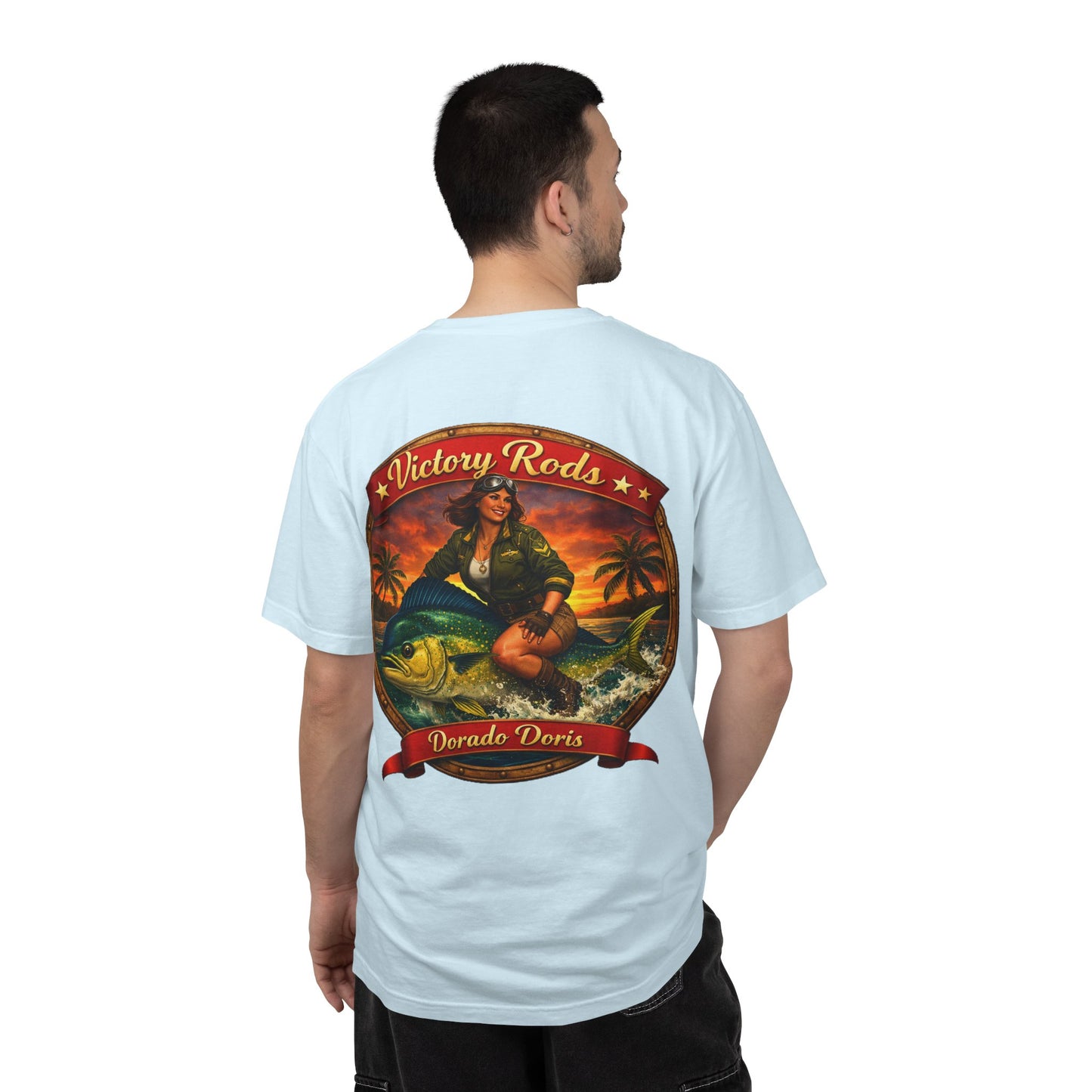 Victory Rods "Dorado Doris" Fishing T-Shirt — Retro Pinup Angler Tee