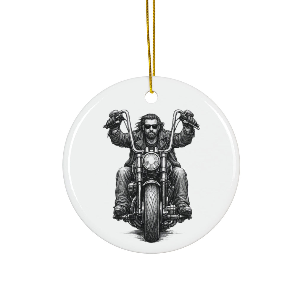 Biker Motorcycle Ceramic Ornament — Double-Sided Round Holiday Decoration