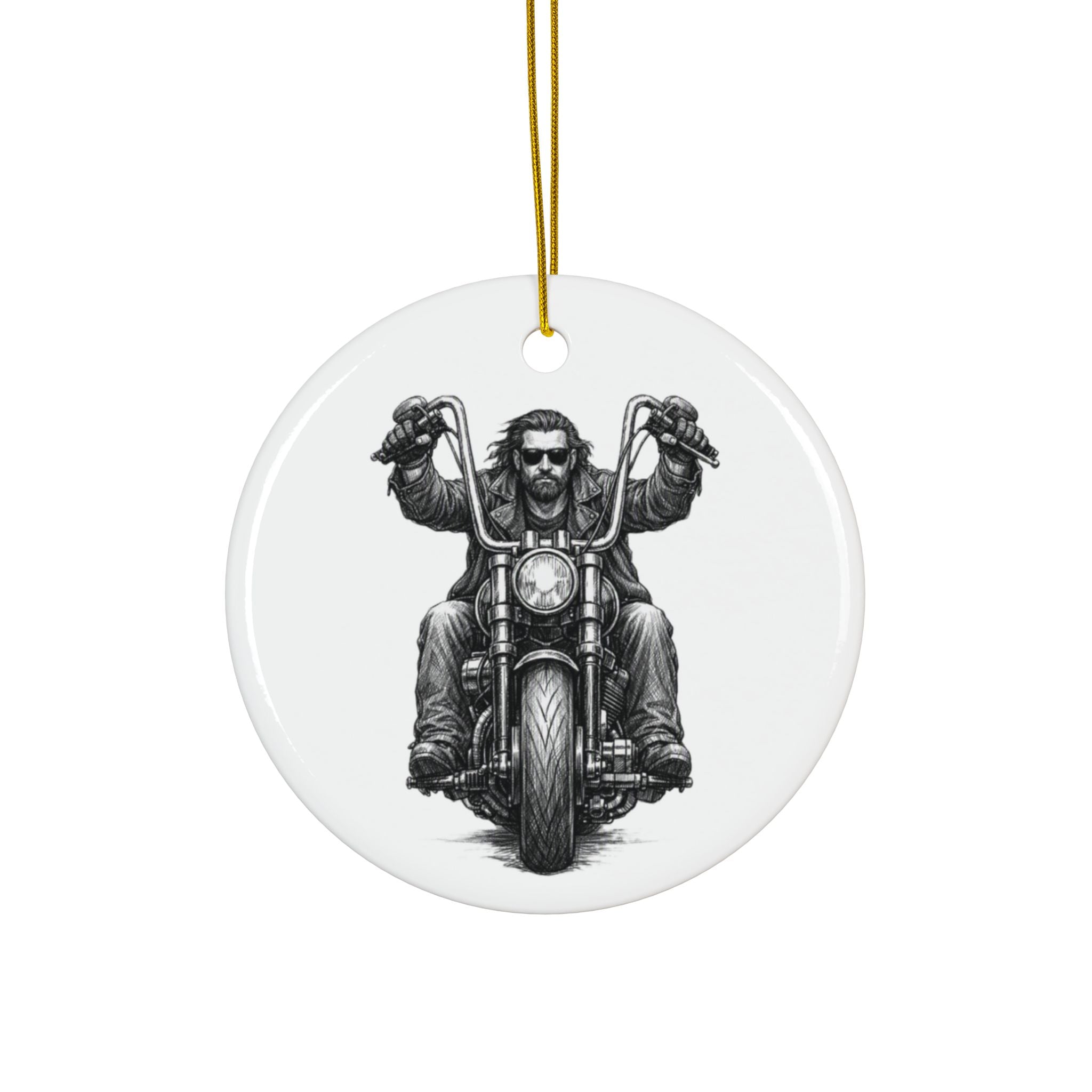Biker Motorcycle Ceramic Ornament — Double-Sided Round Holiday Decoration