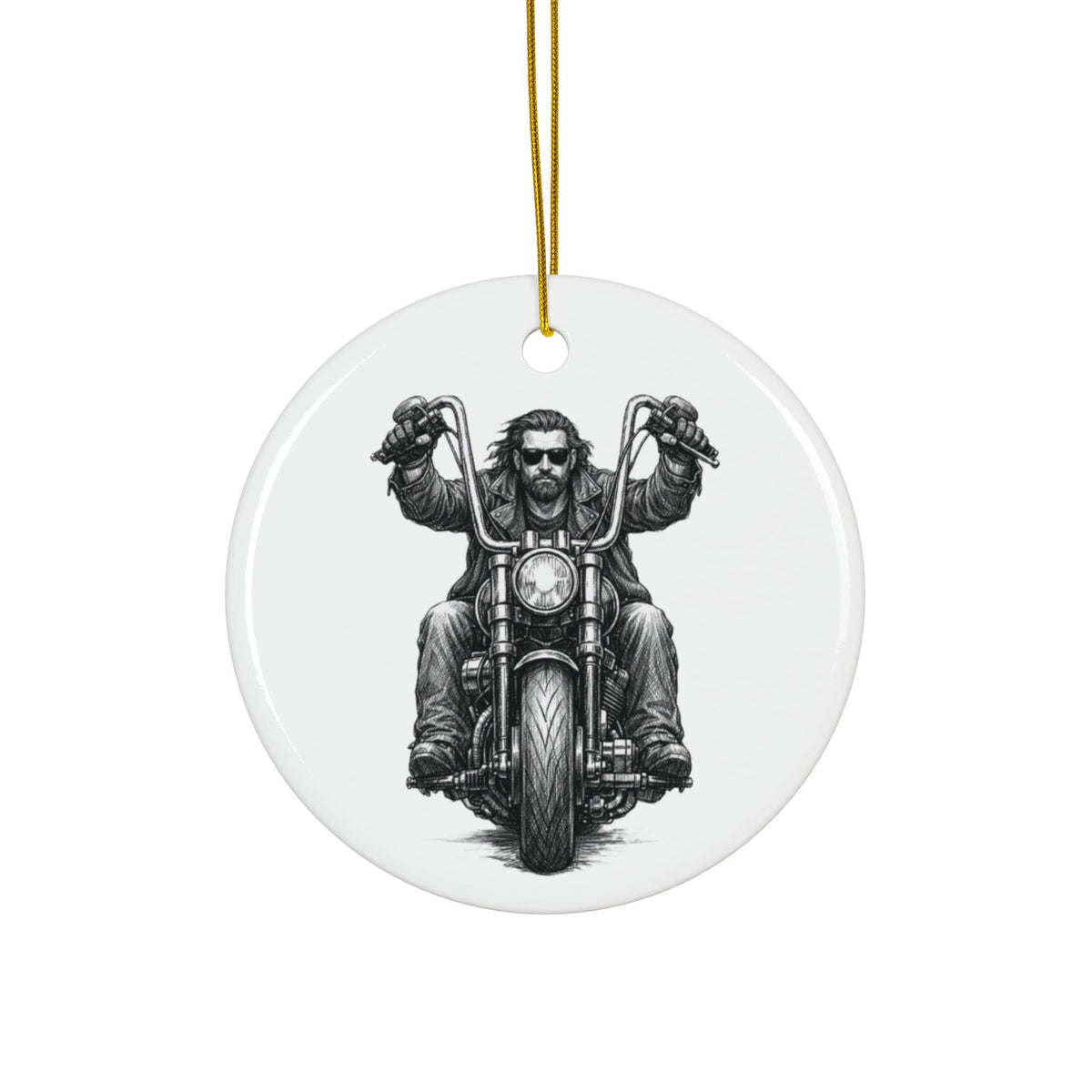Biker Motorcycle Ceramic Ornament — Double-Sided Round Holiday Decoration