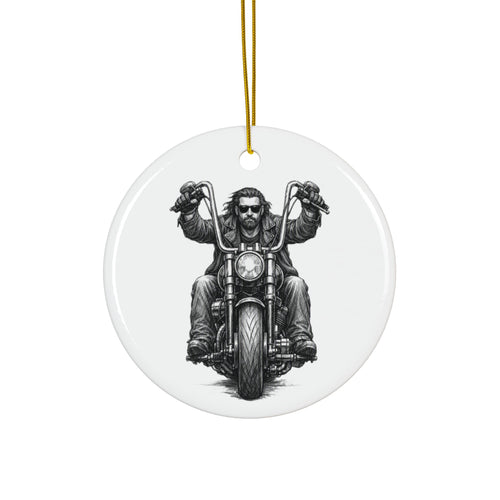 Biker Motorcycle Ceramic Ornament — Double-Sided Round Holiday Decoration